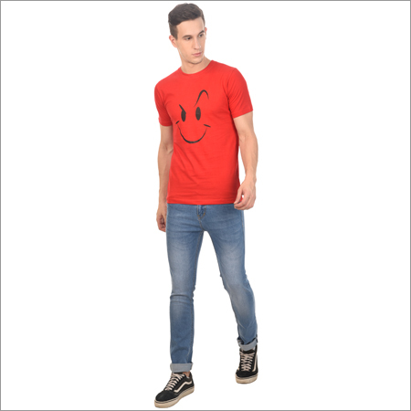 Mens Red Printed Round Neck T-Shirt - Cotton, Short Sleeves, O-Neck, Red Color | Soft Texture, Tear Resistant, Customizable Sizes and Designs