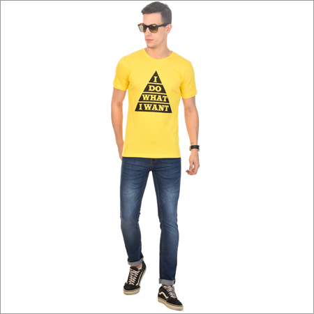 Mens Printed Round Neck Yellow T-Shirt - Cotton Fabric, Short Sleeves, O-Neck, Available in Various Sizes and Colors | Soft Touch, Comfortable Wear, Color Fade Resistant