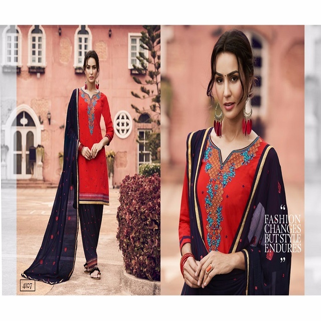 Navy Blue & Green Heavy Embroidered Cotton Patiyala Salwar Kameez Online