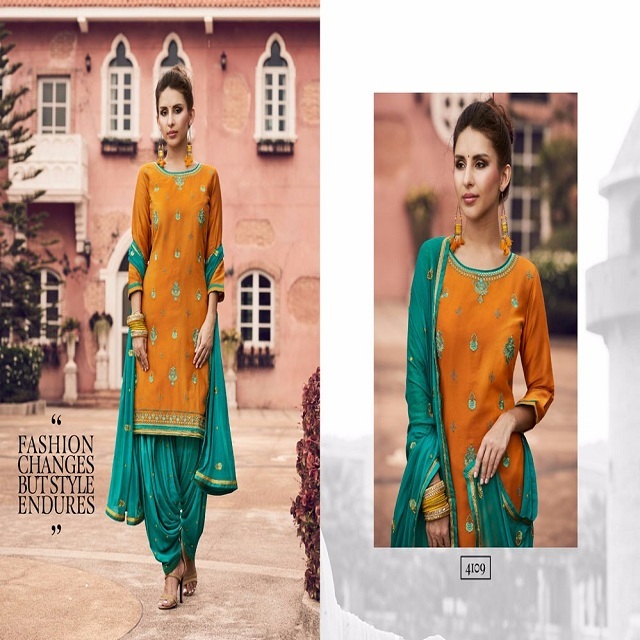 Navy Blue & Green Heavy Embroidered Cotton Patiyala Salwar Kameez Online