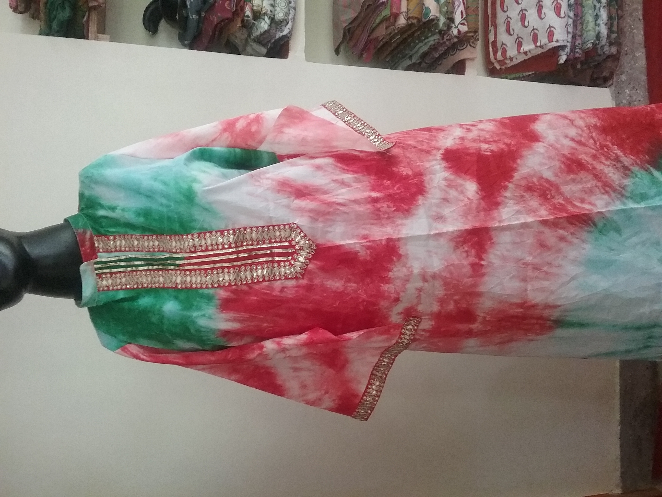 Ladies Tie Dye Print Kurta - Pure Cotton, Custom Size, Gota Work On Neck And Sleeves | Breathable, Cool Dry, Dry Cleanable