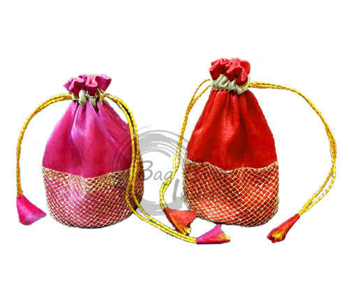 Return Potli Gift Bag - Cotton Blend, 5x4x3 Inches, Red & Pink & Gold | Elegant Gift Packaging Solution For Special Occasions