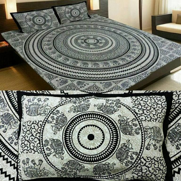 Cotton Double Bedsheet With 2 Pillow Covers - 100% Cotton, 224 Cm X 275 Cm (King Size), Black, 250 Tc , Washable, Printed Design, Weight: 1200 Grams