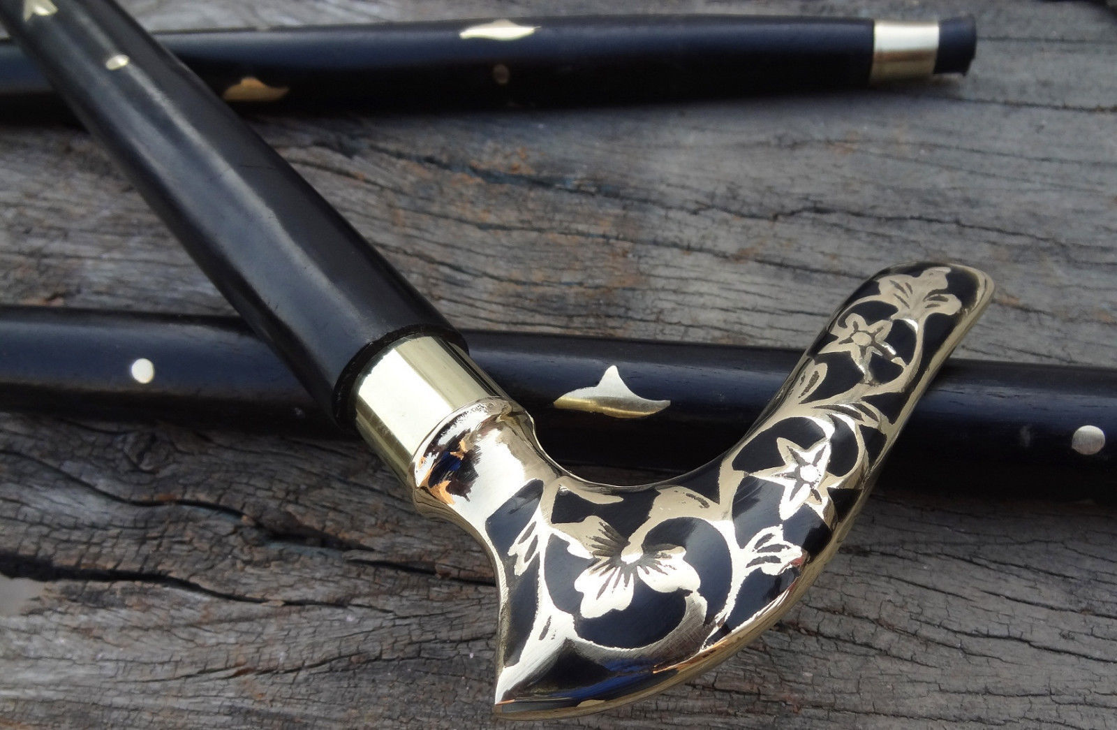 Vintage Black Stylish Wood Brass Designer Handle Wooden Walking Stick Gift