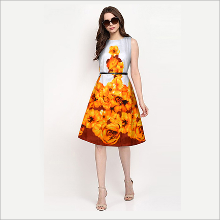 Printed Western Dress - Other Material, 37 to 38 Inch Length, Sleeveless, Yellow Color | Eye-Catching Flower Print, Washable, All Season Wear