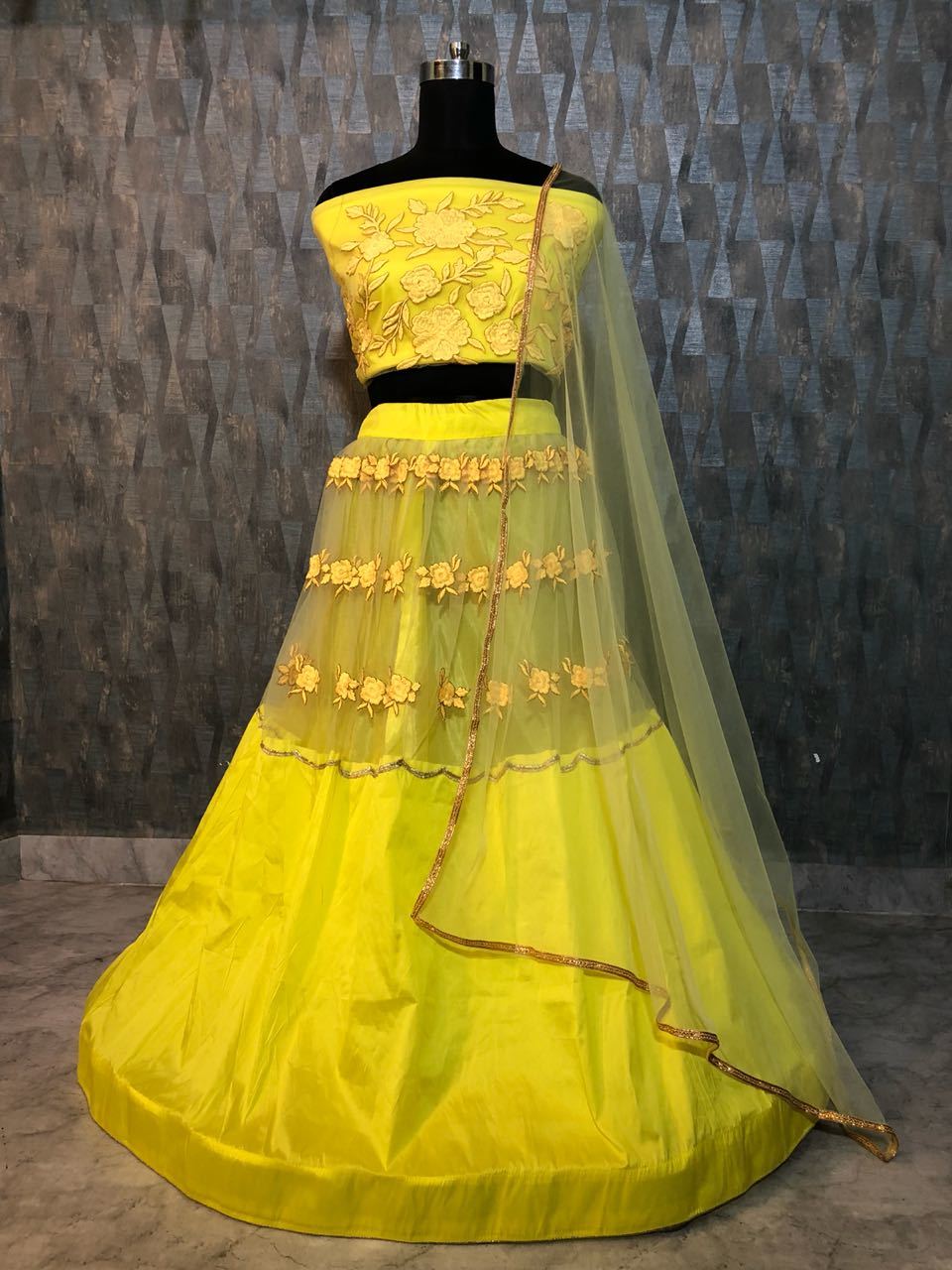 Bollywood Yellow Lehenga Choli - Heavy Mono Net And Taffeta Silk, Size 46, Embroidered Front And Back | Modern Ethnic Dress, Breathable, Non-toxic, Washable, Customizable