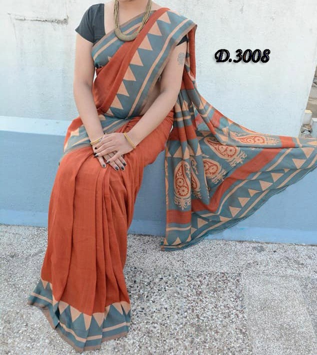 Silk Saree - Kalamkari Silk, Running Blouse, Orange Color, Art Silk Fabric | Designer Silk Saree, Suitable For Summer, Rainy & Spring Seasons