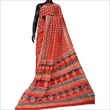 ऑरेंज और ऑल हैंड ब्लॉक बॉर्डर सिल्क साड़ी