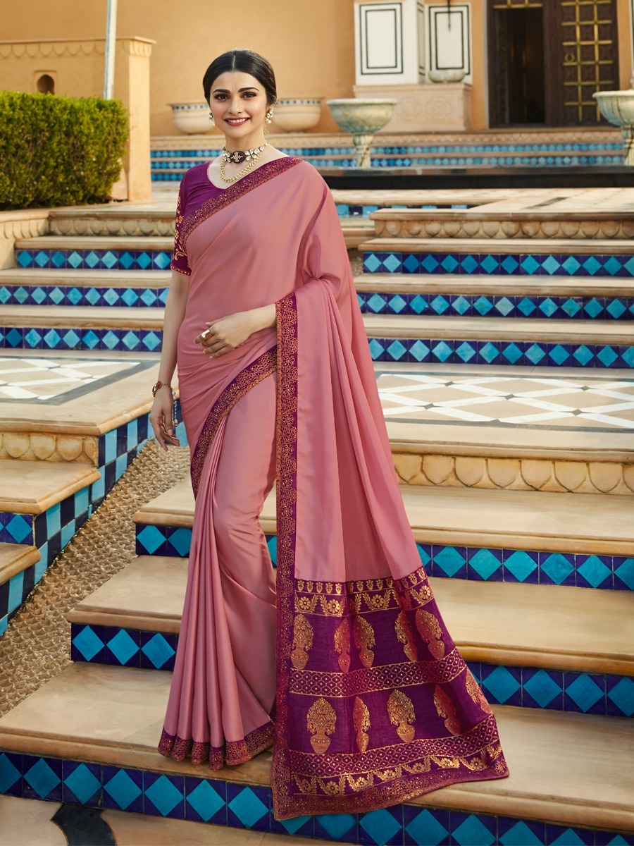 Party Wear Saree - Paper Silk, Rose Pink | Printed Pattern, Patch Work, Ideal For Rainy And Spring Seasons, Elegant Indian Style