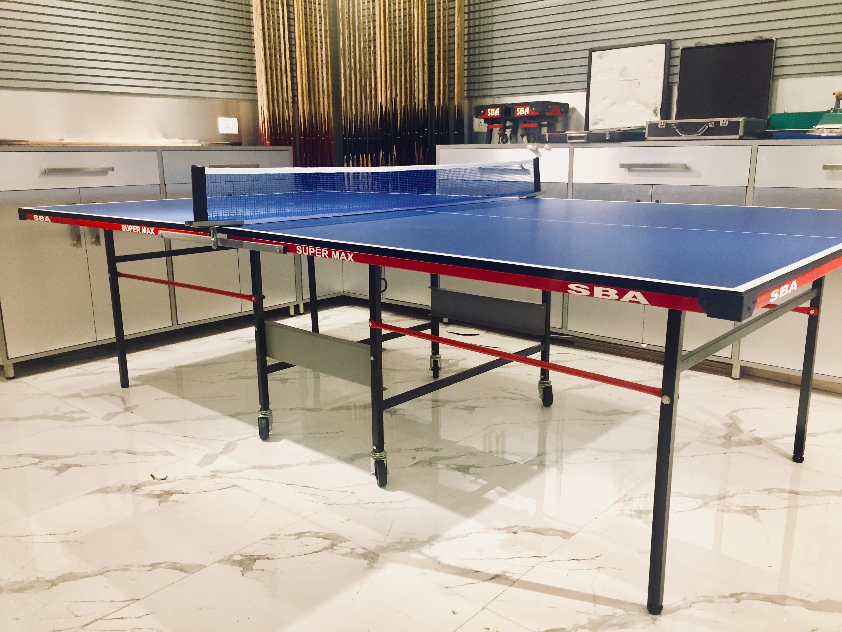 Table Tennis Table Club - Particle Board With Steel Frame, 9' X 5' Dimensions | Racing Blue Color, Adjustable Legs, Includes Net Set And 4 Rackets