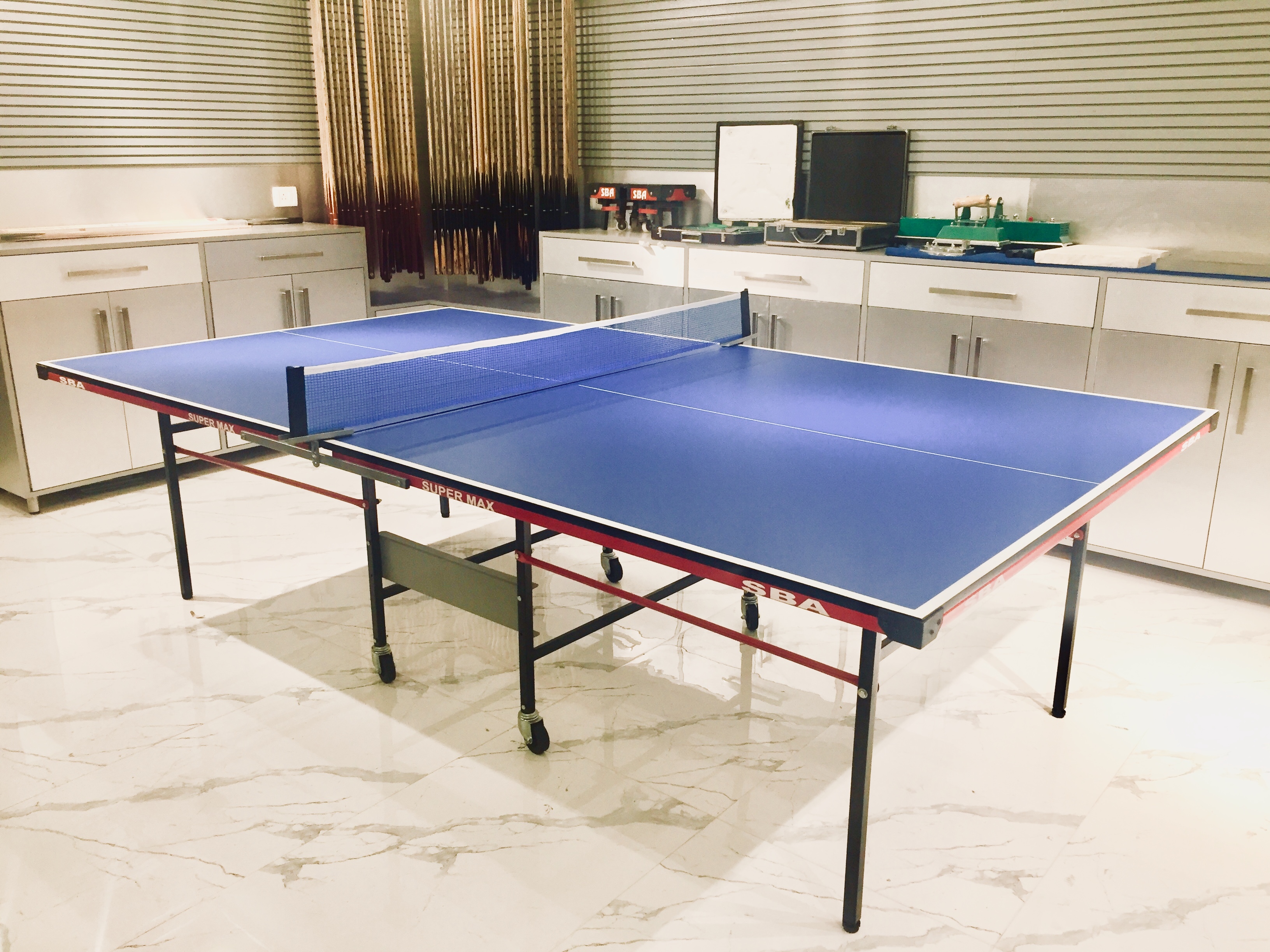 Table Tennis Table Club - Particle Board With Steel Frame, 9' X 5' Dimensions | Racing Blue Color, Adjustable Legs, Includes Net Set And 4 Rackets
