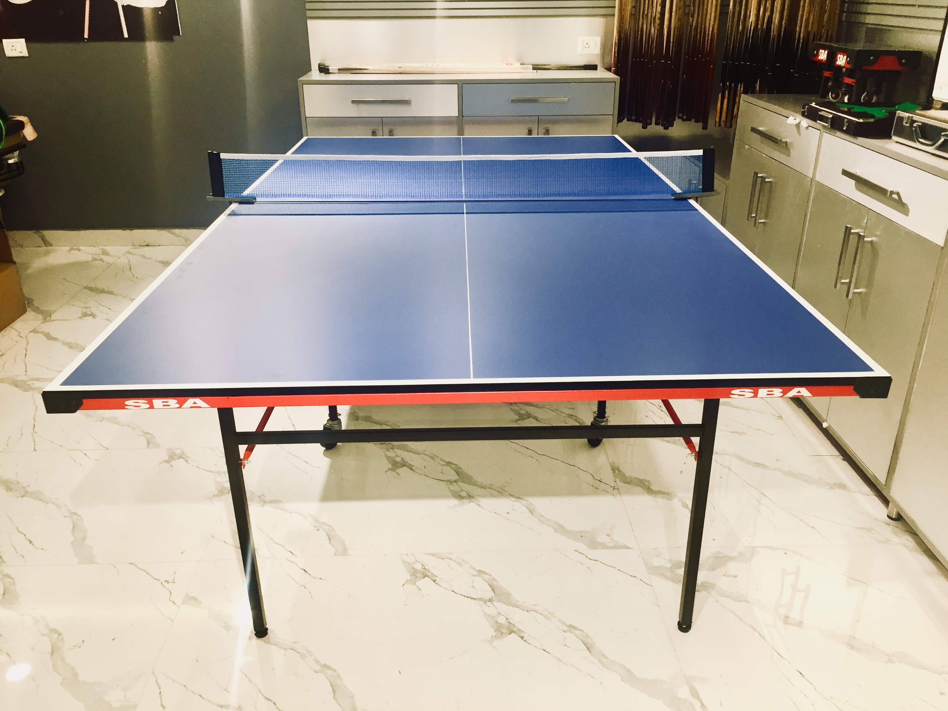 Table Tennis Table Club - Particle Board With Steel Frame, 9' X 5' Dimensions | Racing Blue Color, Adjustable Legs, Includes Net Set And 4 Rackets