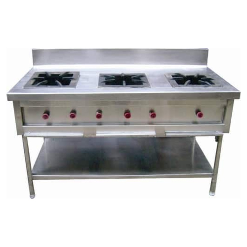 Three Burner Commercial Gas Stove - 304 Grade Stainless Steel, 1500x700x850 mm | Rust Proof, Quick Ignition, Stable Rectangular Tubular Legs, Ideal for Eateries