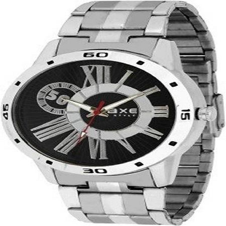 Meter Chain Wrist Watches - Platinum, 30 Mm Round Flat Design, Golden Charm & Silver Band - 1 Year Warranty For Stylish Men