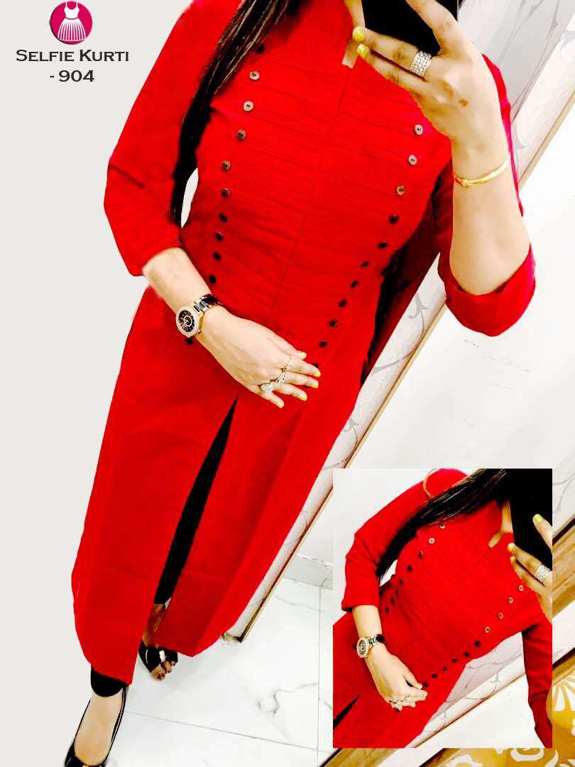 Designer Selfi Kurti - Slub Cotton, Length 46", Available In L, Xl, Xxl | Multi-color Options Including Red, Maroon, Firozi, Cream, Decorated With Stones For Girls, Short Sleeve Style