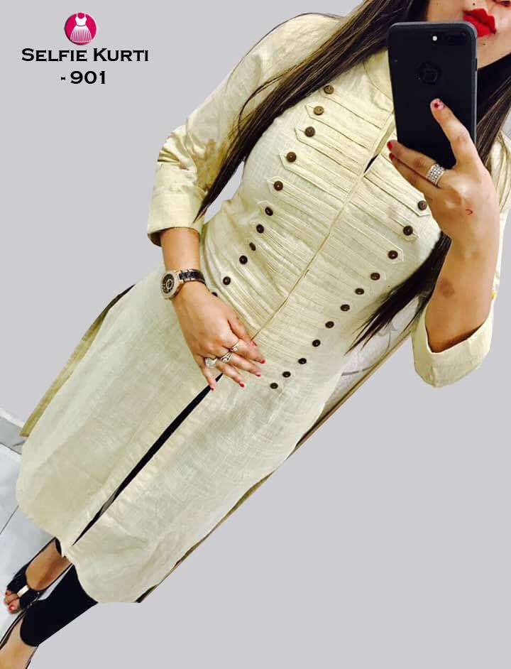 Designer Selfi Kurti - Slub Cotton, Length 46", Available In L, Xl, Xxl | Multi-color Options Including Red, Maroon, Firozi, Cream, Decorated With Stones For Girls, Short Sleeve Style
