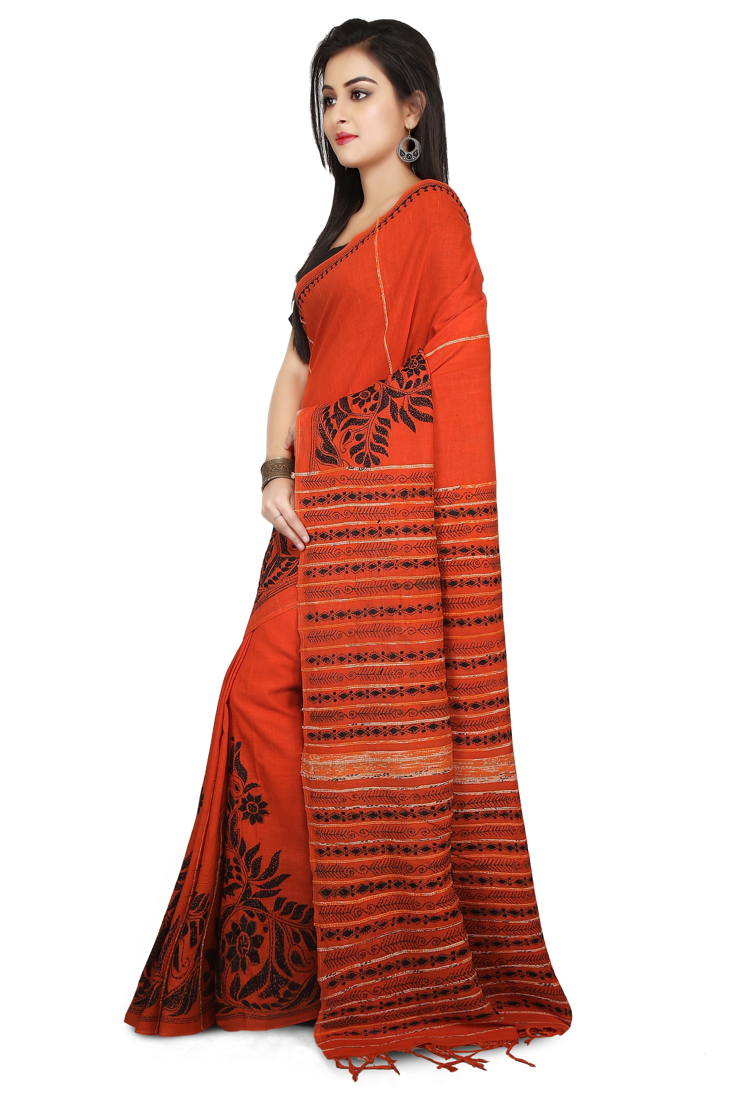 Orange Buymyethnic Shantiniketan Khesh Kantha Cotton Saree (Orange)