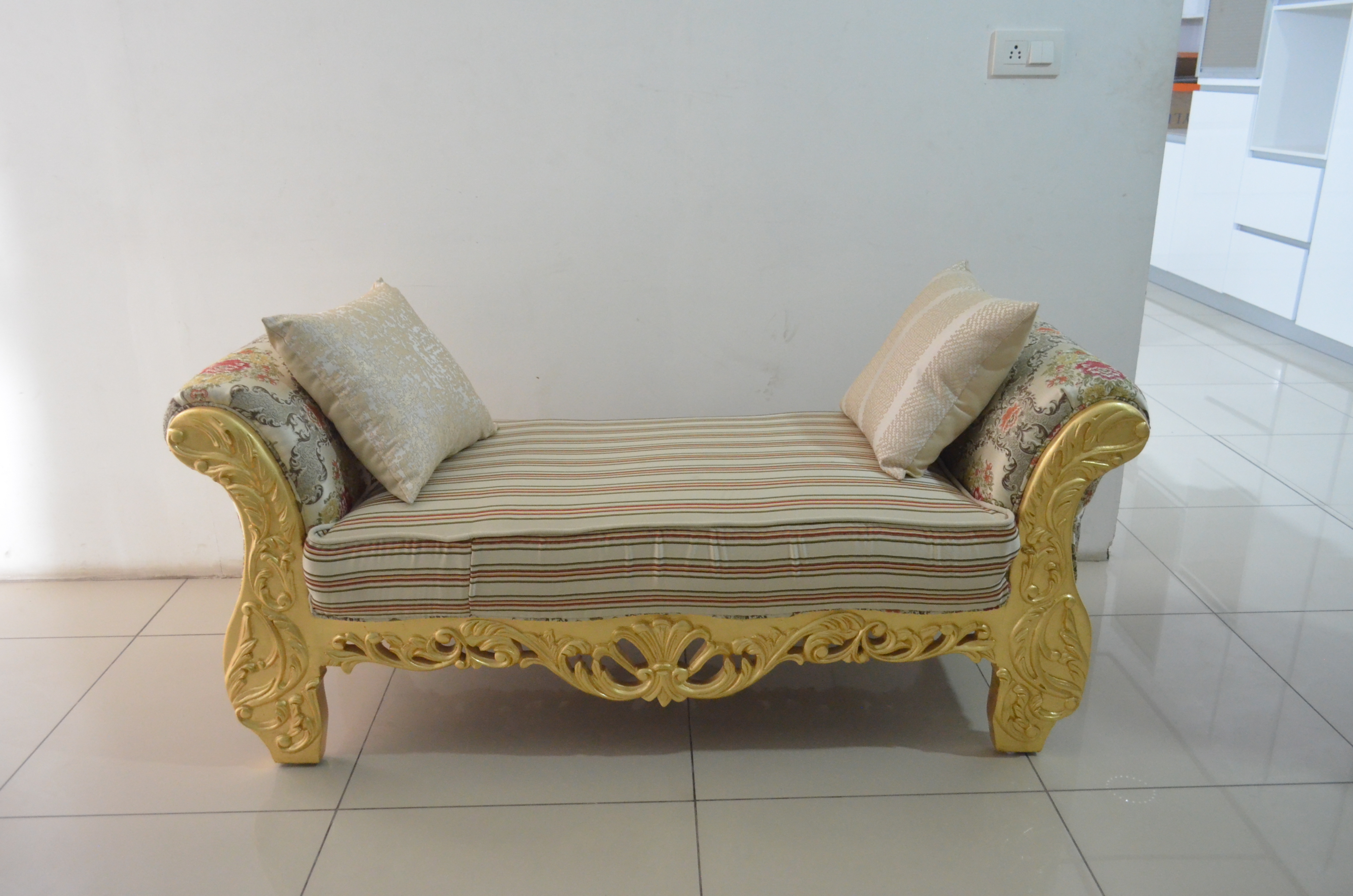 Royal Antique Teak Wood Sofa Set - 5 Seater, Gold Leaf Finish, Polished Polyester Upholstery, Antique Design