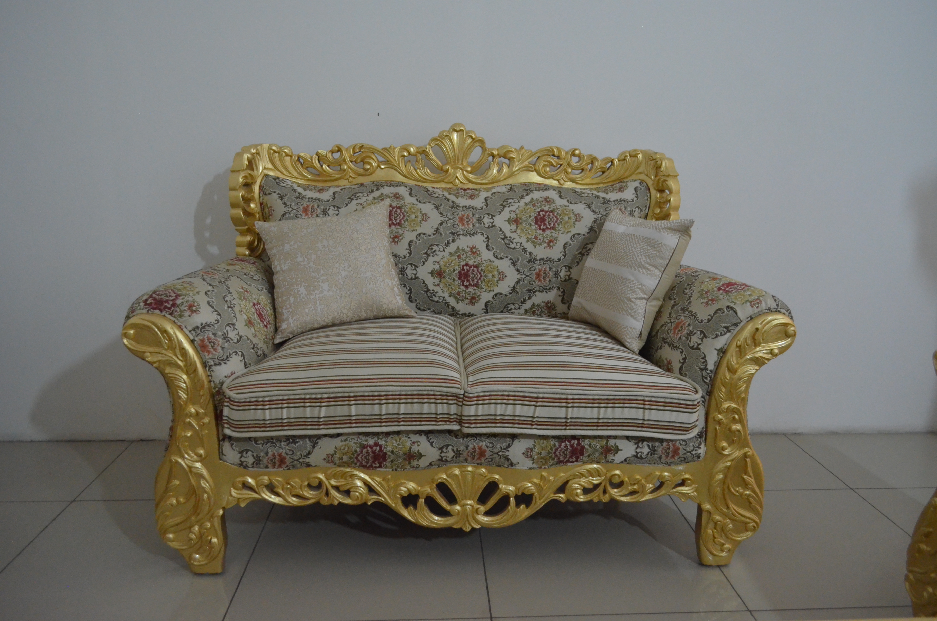 Royal Antique Teak Wood Sofa Set - 5 Seater, Gold Leaf Finish, Polished Polyester Upholstery, Antique Design