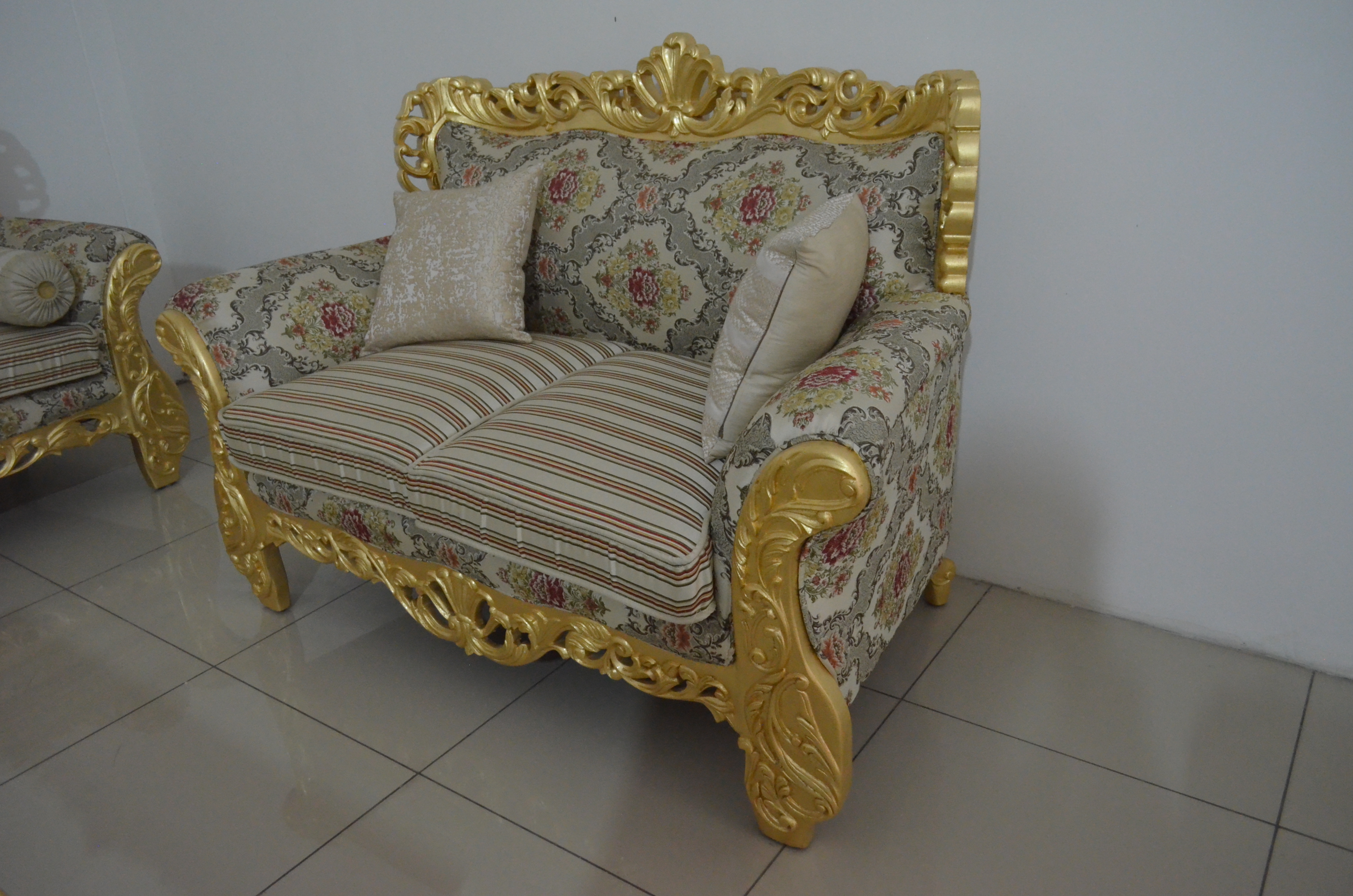 Royal Antique Teak Wood Sofa Set - 5 Seater, Gold Leaf Finish, Polished Polyester Upholstery, Antique Design