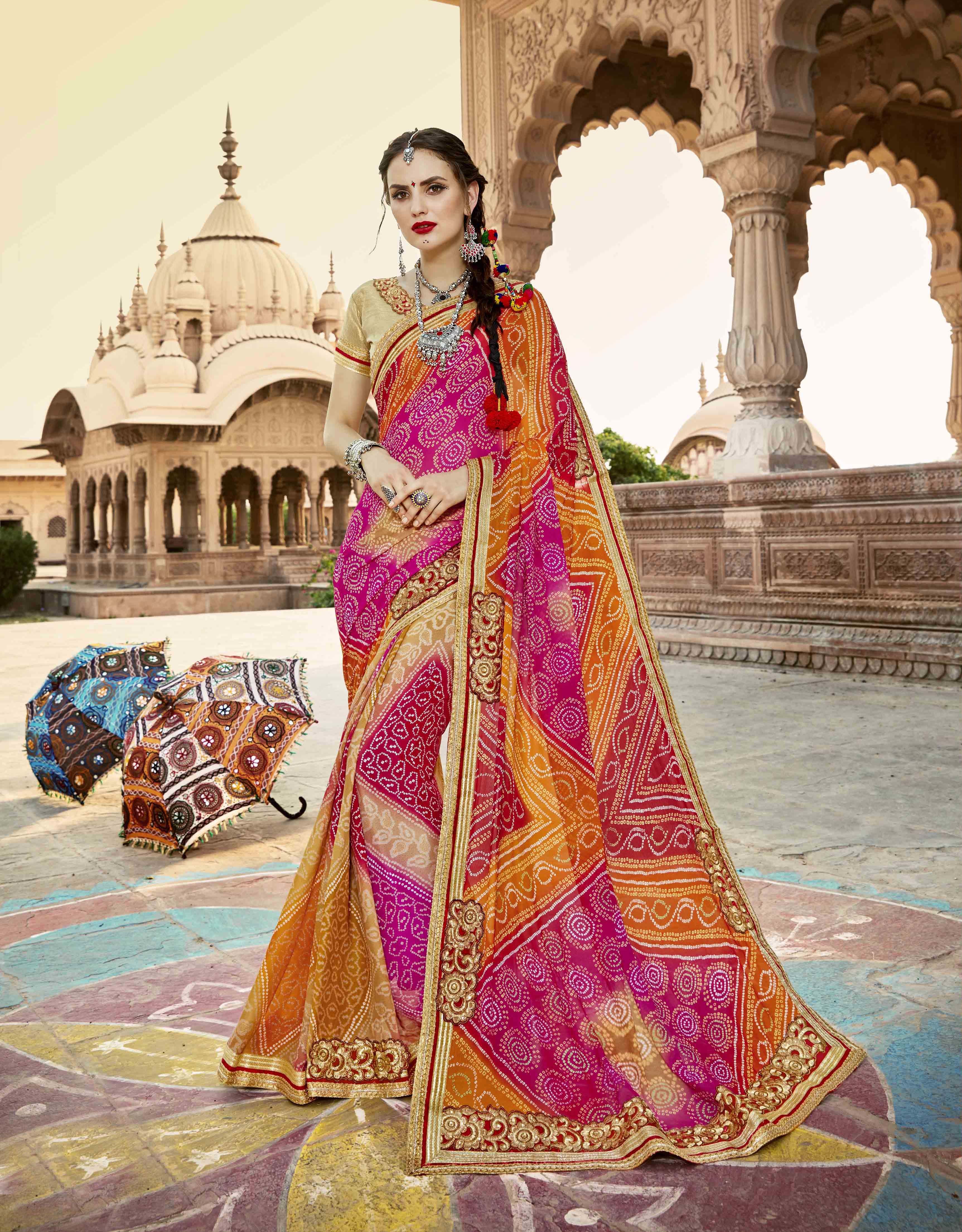 Saree - Georgette Material, Bandhani Style, Sequin Work | Custom Color Variations