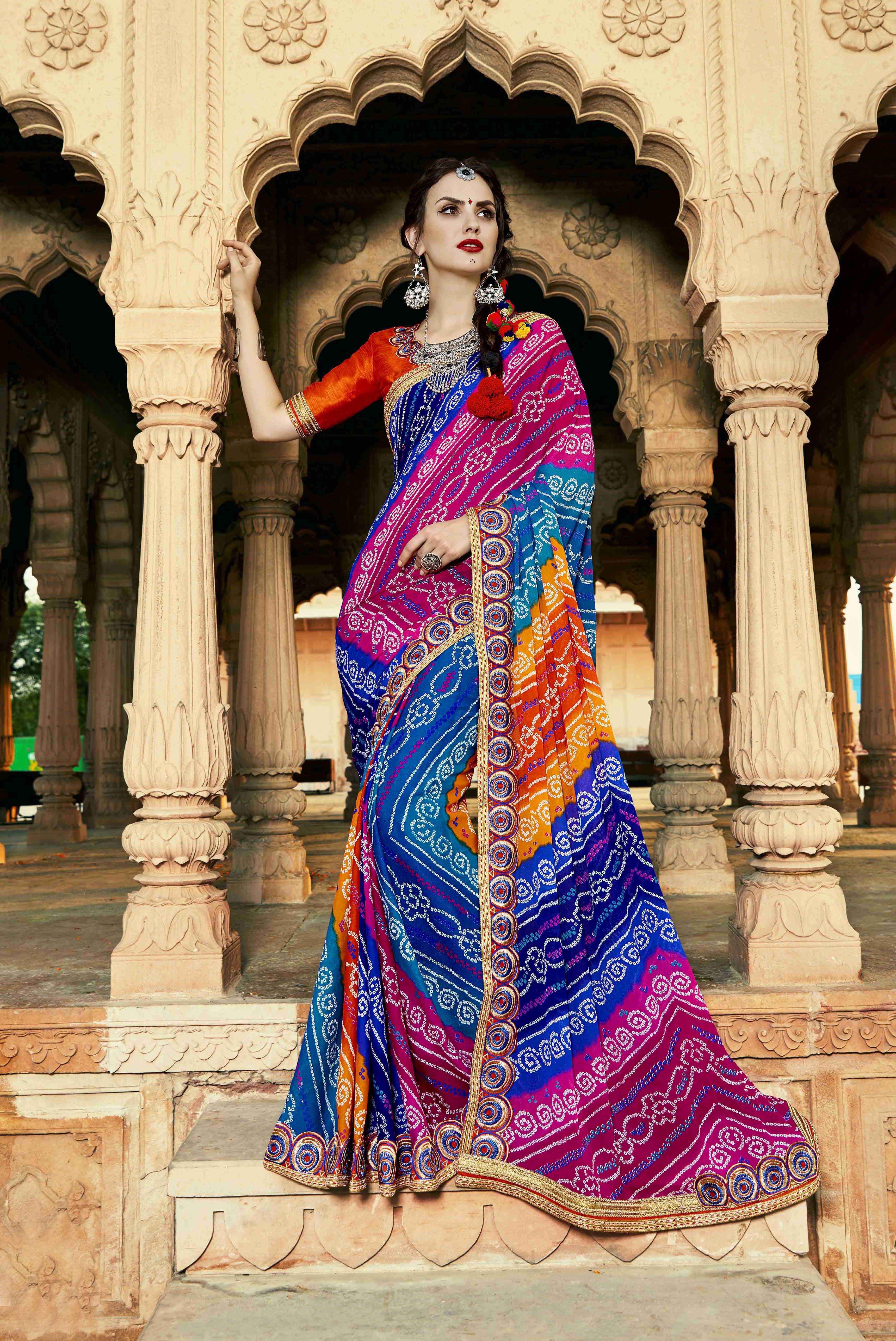 Saree - Georgette Material, Bandhani Style, Sequin Work | Custom Color Variations