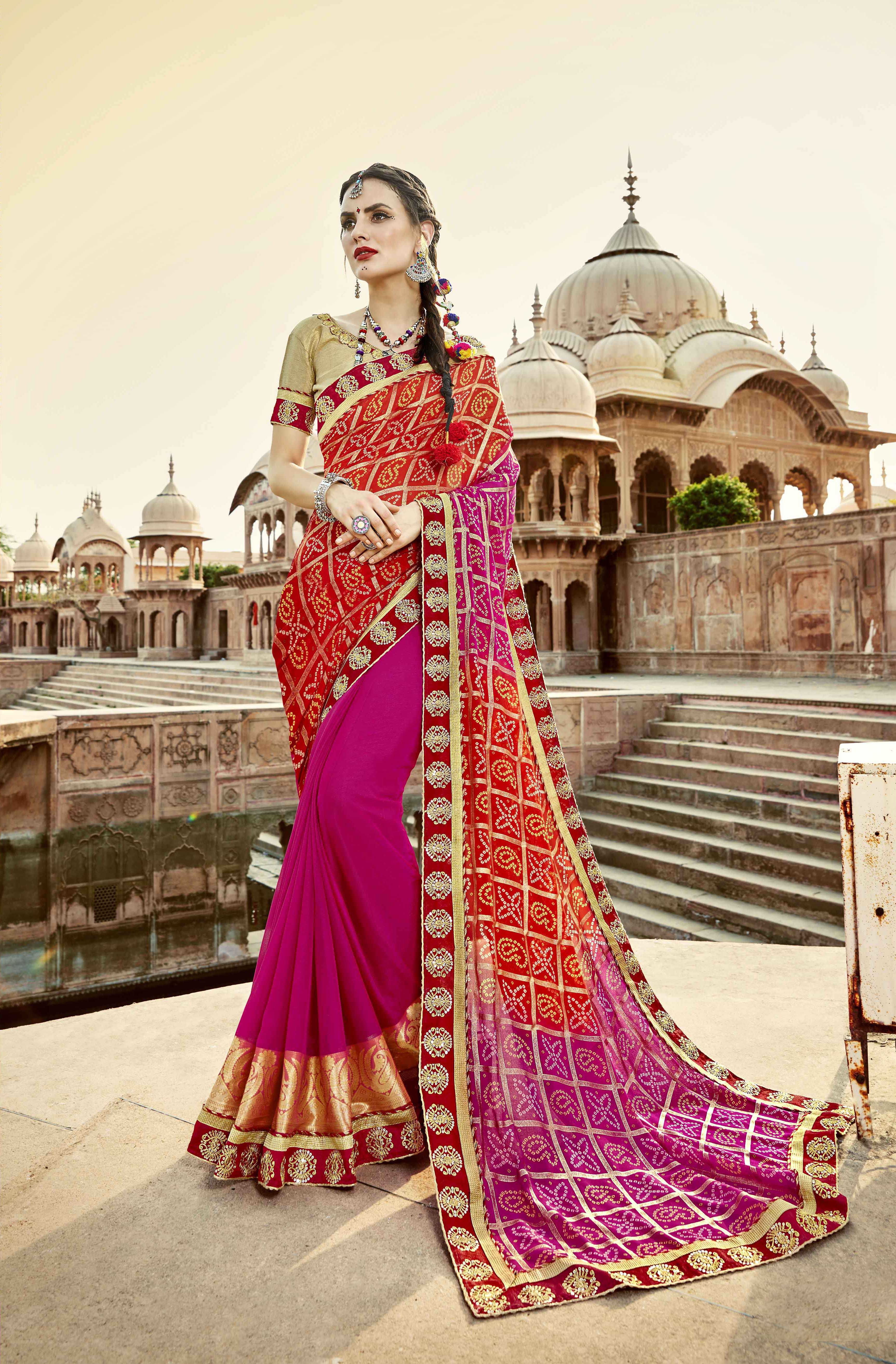 Saree - Georgette Material, Bandhani Style, Sequin Work | Custom Color Variations