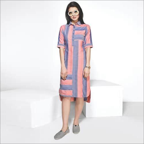Ladies Collar Neck Shirt One Piece Dress - Cotton, Short Sleeves, Striped Pattern, Dual Color Combination | Eye-Catchy, Skin Friendly, Quick Dry