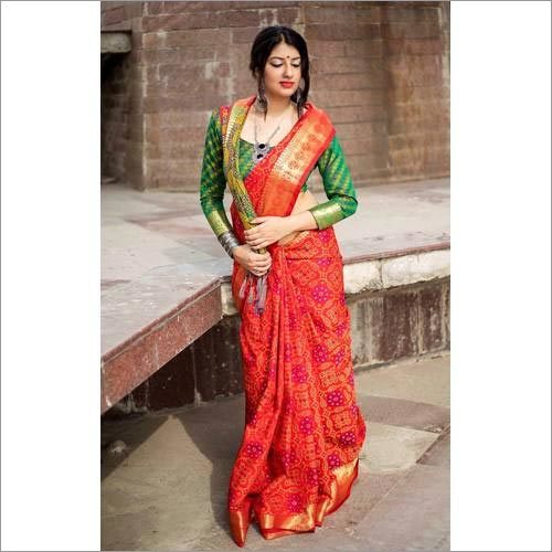 पॉलिएस्टर रेड कोल्हापुरी साड़ी