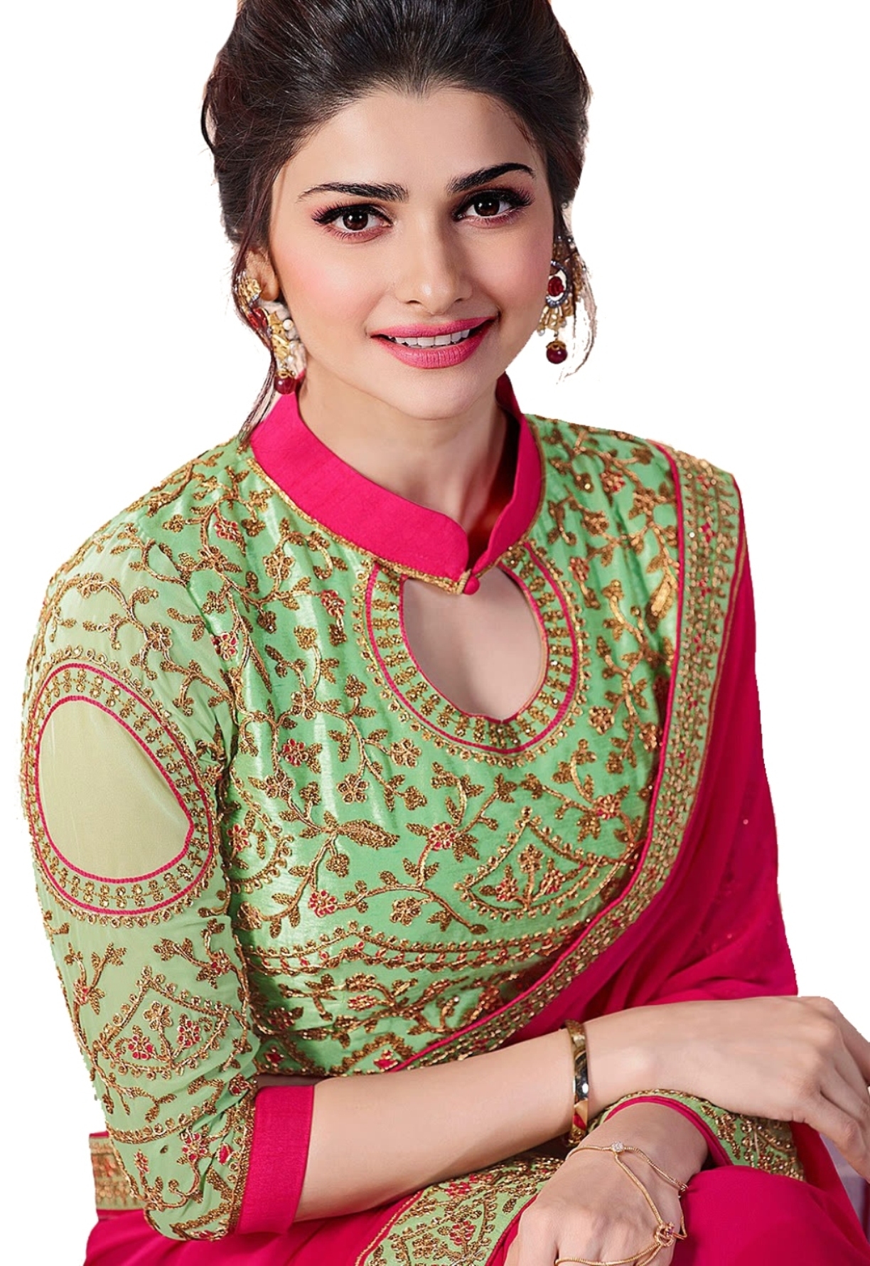 Wkart Red Georgette Saree - 5.5 Meters Length, Embroidered Georgette And Silk Blouse, Green Blouse With Embroidery