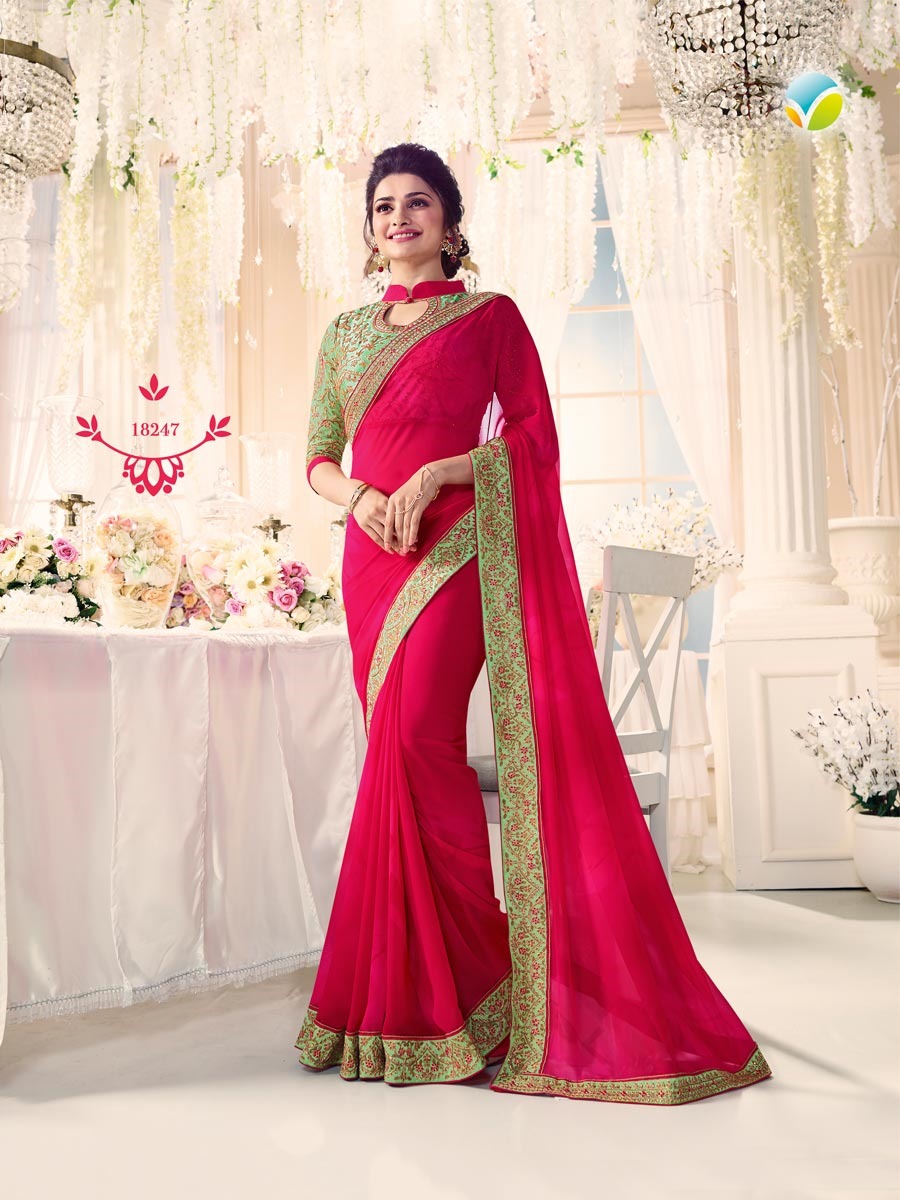 Wkart Red Georgette Saree - 5.5 Meters Length, Embroidered Georgette And Silk Blouse, Green Blouse With Embroidery