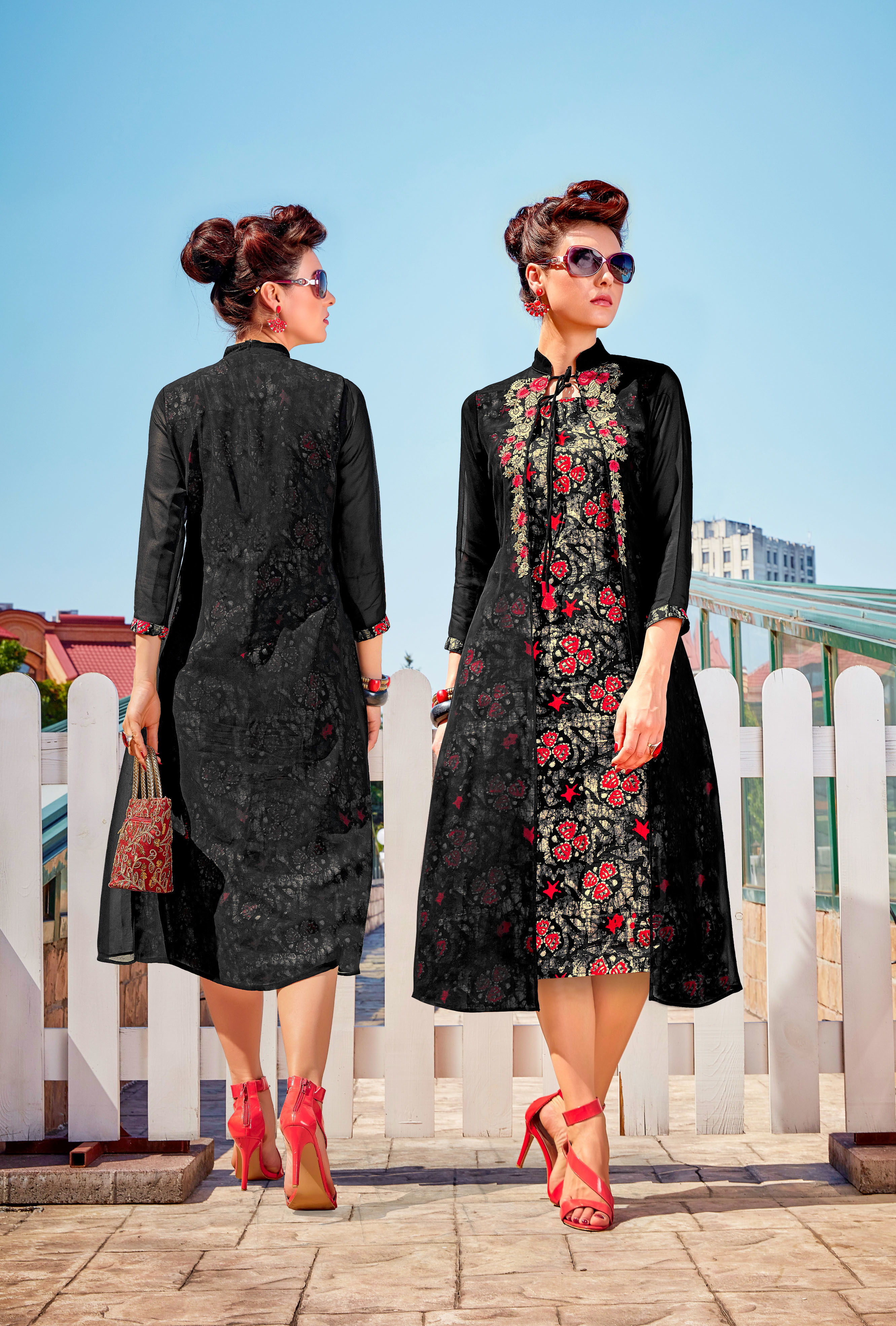 Selfi Kurti - Georgette, L/xl/xxl, Grey | 3/4 Sleeves, Collar Neck, Embroidered & Printed, Comfortable Fit, Stylish Design, Versatile For Casual Occasions