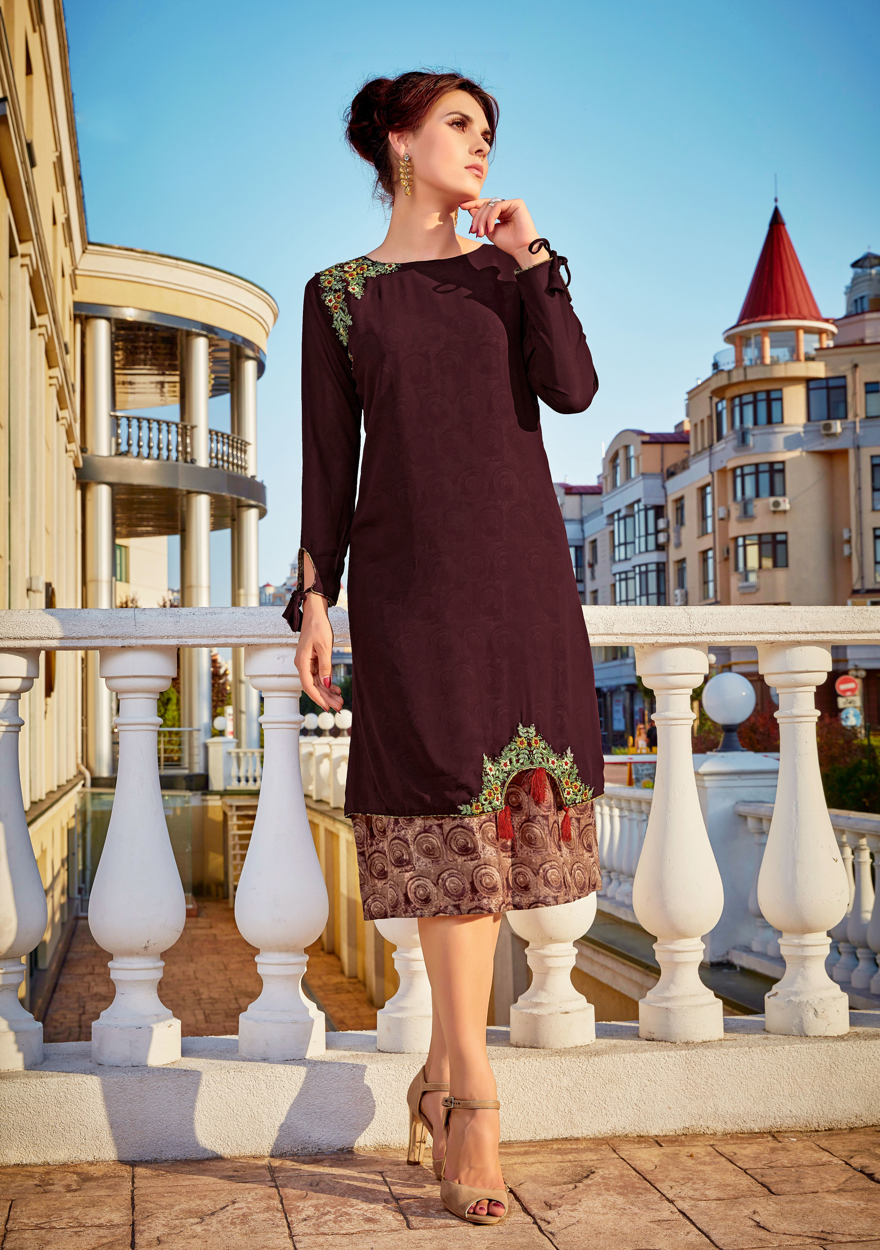 Selfi Kurti - Georgette, L/xl/xxl, Grey | 3/4 Sleeves, Collar Neck, Embroidered & Printed, Comfortable Fit, Stylish Design, Versatile For Casual Occasions
