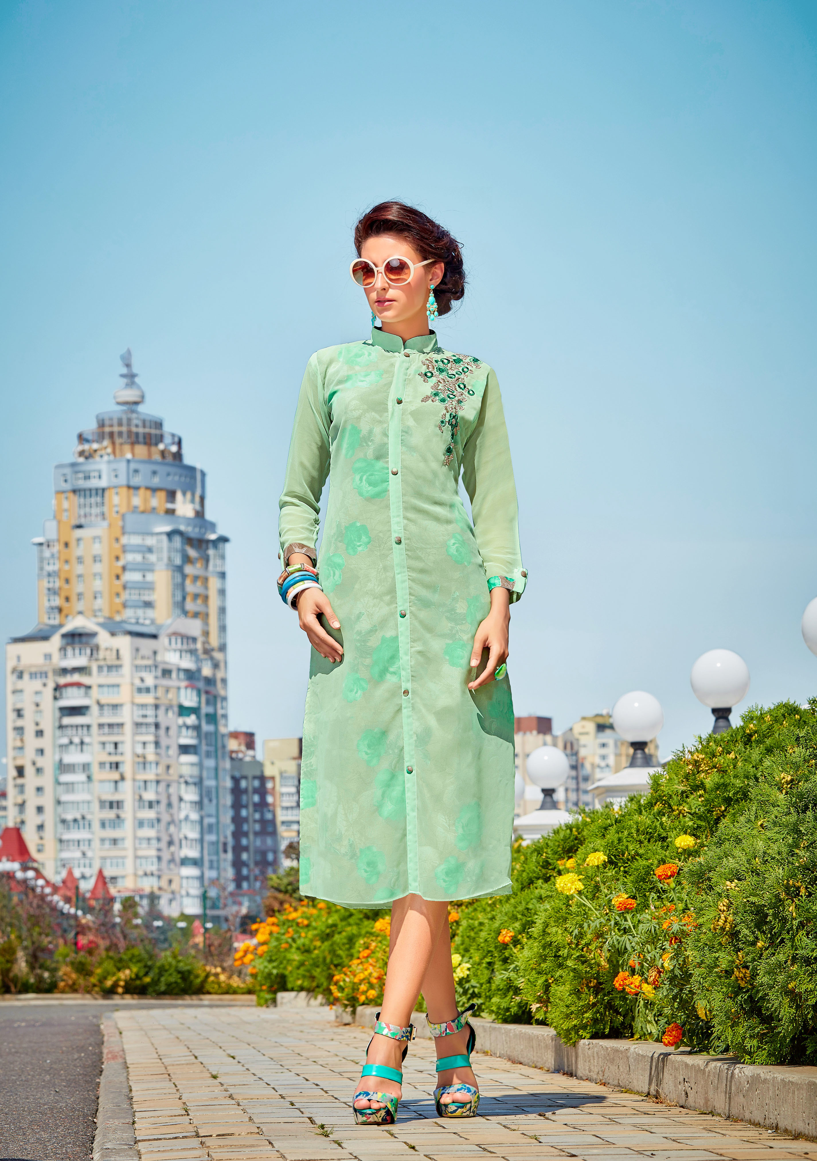 Selfi Kurti - Georgette, L/xl/xxl, Grey | 3/4 Sleeves, Collar Neck, Embroidered & Printed, Comfortable Fit, Stylish Design, Versatile For Casual Occasions
