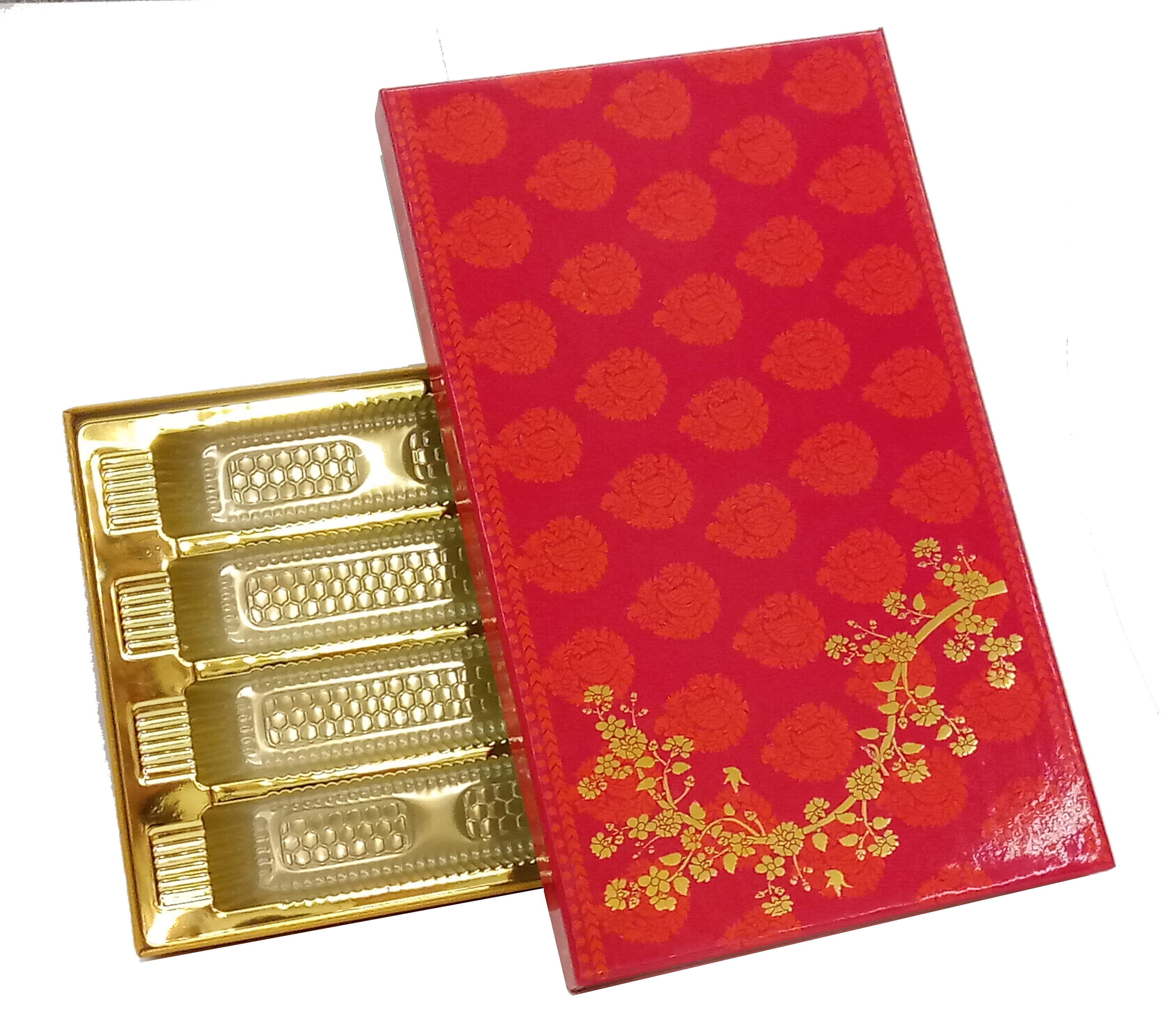Blossom (C) 800 Grm Sweet Box - Paper, 12.12" X 7.5" X 1.5", Red Color, Rigid Design, Glossy Lamination + Gold Foil, Foil Stamping, 20 Pcs Packing