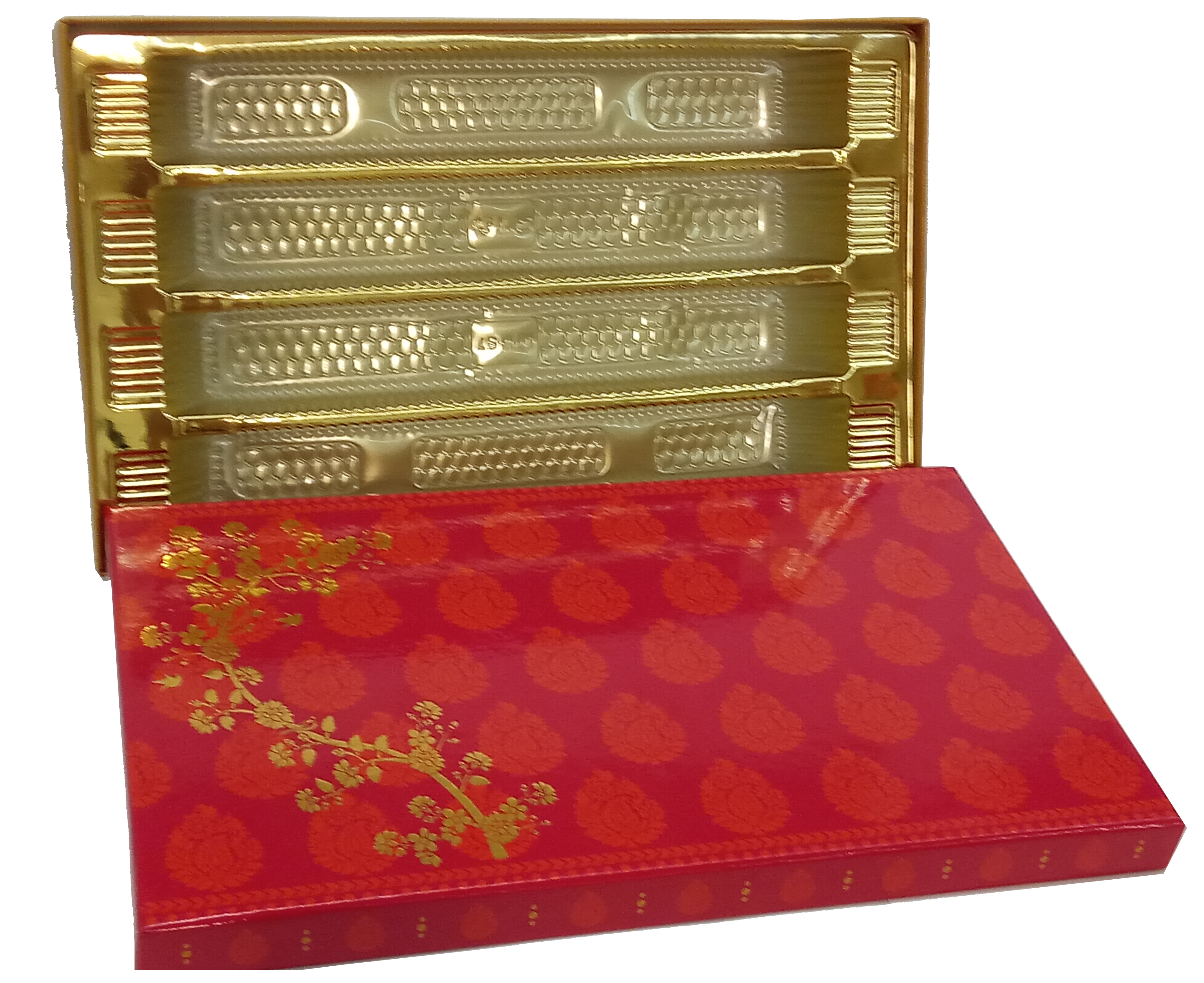 Blossom (C) 800 Grm Sweet Box - Paper, 12.12" X 7.5" X 1.5", Red Color, Rigid Design, Glossy Lamination + Gold Foil, Foil Stamping, 20 Pcs Packing