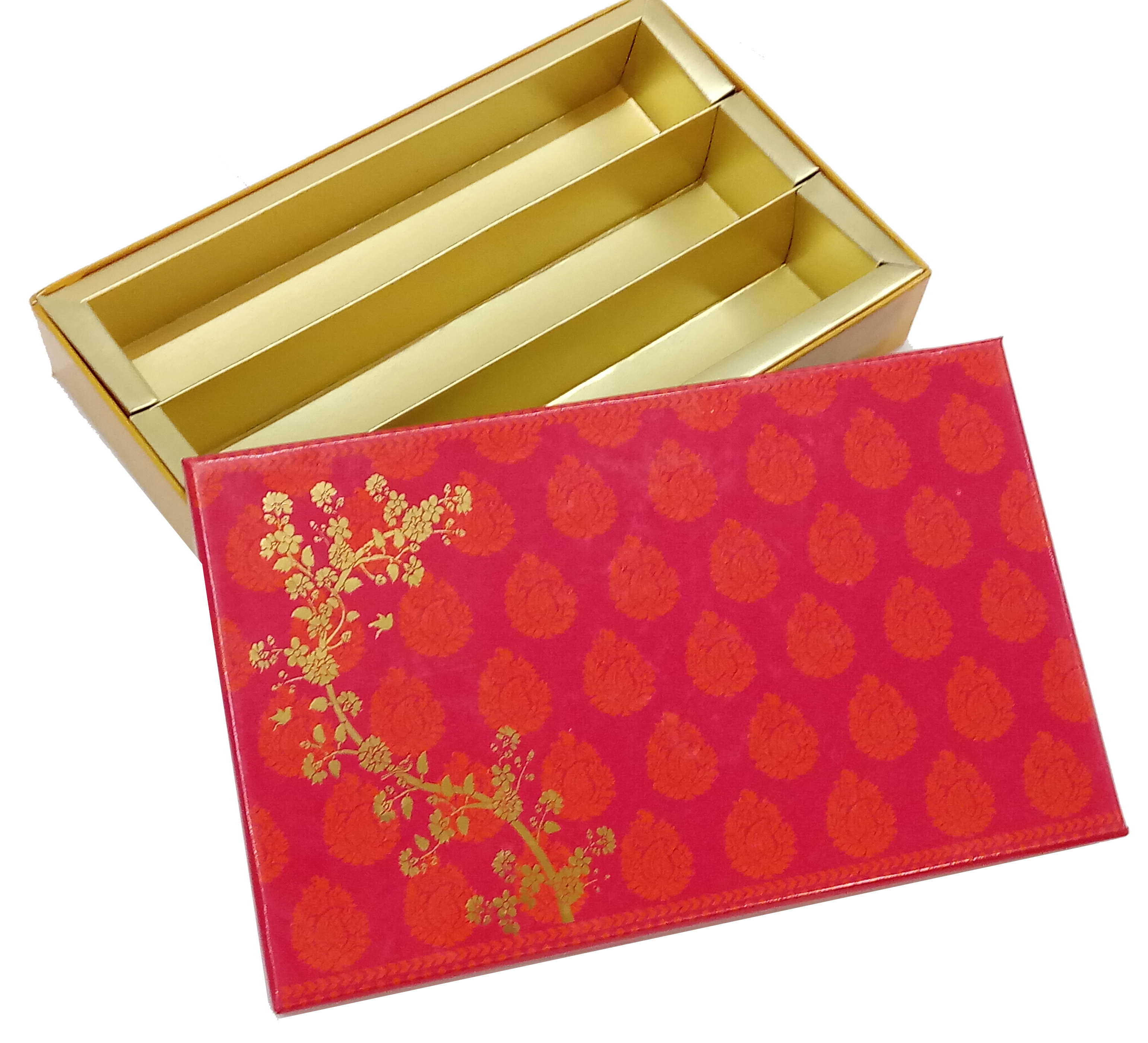Blossom (C) 800 Grm Sweet Box - Paper, 12.12" X 7.5" X 1.5", Red Color, Rigid Design, Glossy Lamination + Gold Foil, Foil Stamping, 20 Pcs Packing