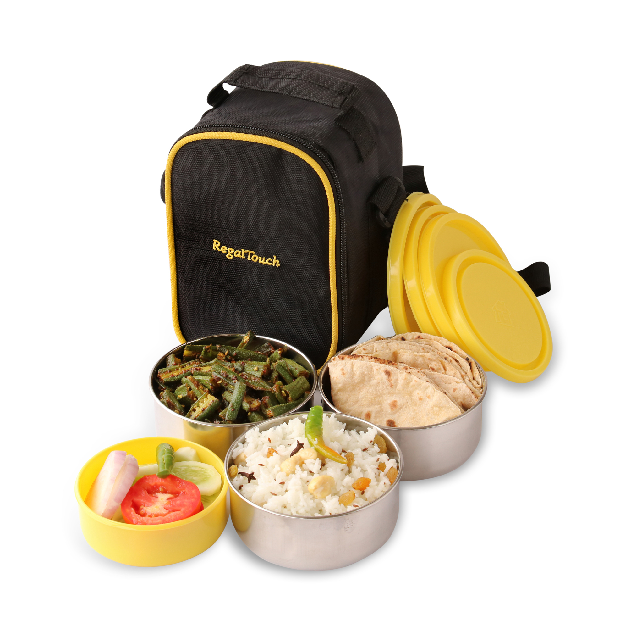 Bag Tiffin With 4 Containers - Stainless Steel & Plastic | Insulated Black Canvas, Extra Large Capacity, Washable Design, Ideal For Hot Lunches