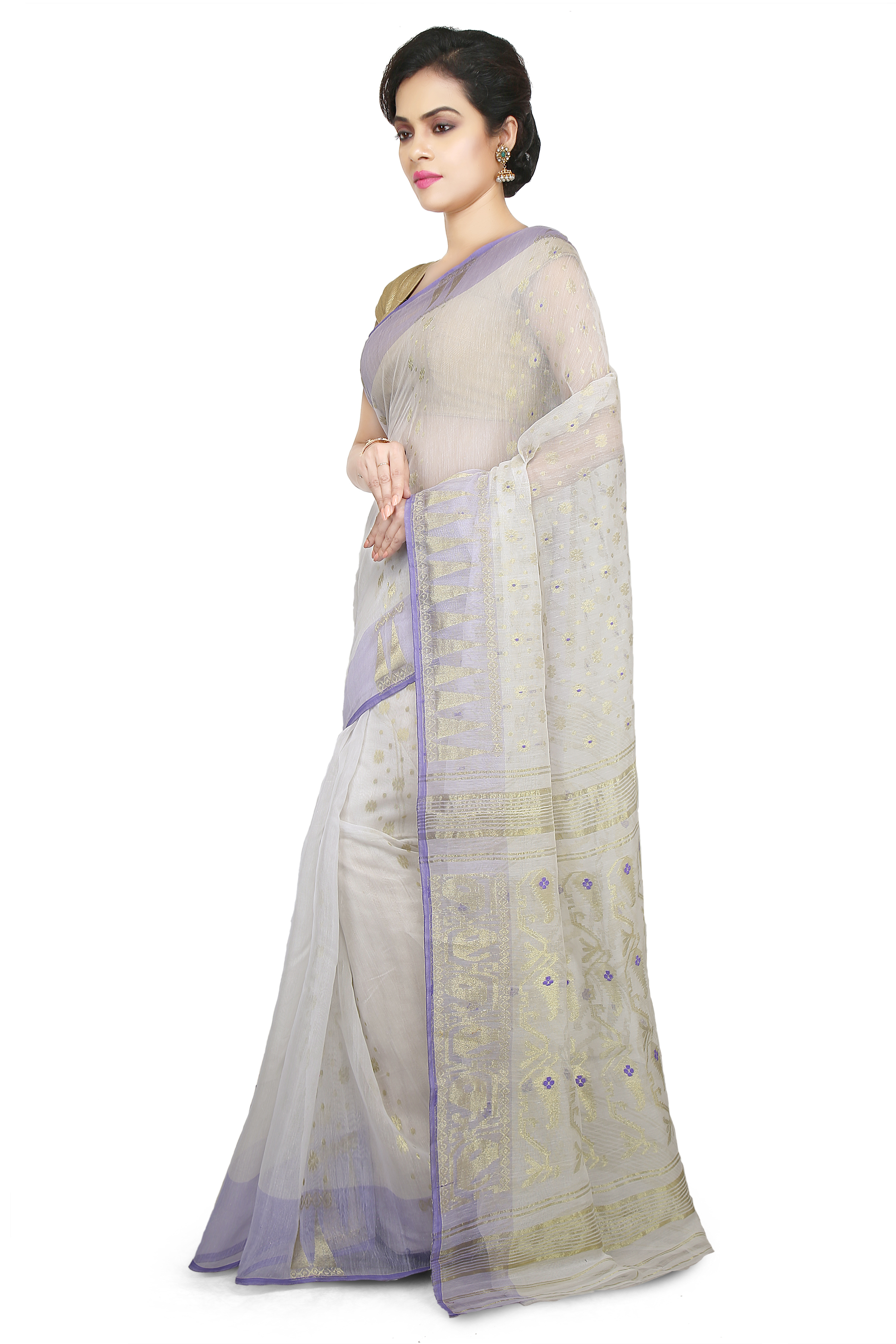 White Buymyethnic Embroidered Jamdani Handloom Silk Cotton Blend Saree (White)