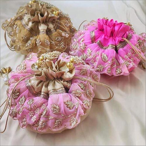 Designer Potli Bags - Cotton Fabric,  Rectangular Shape, Pink Color - Exquisitely Hand Embroidered, Traditional Flair for Women