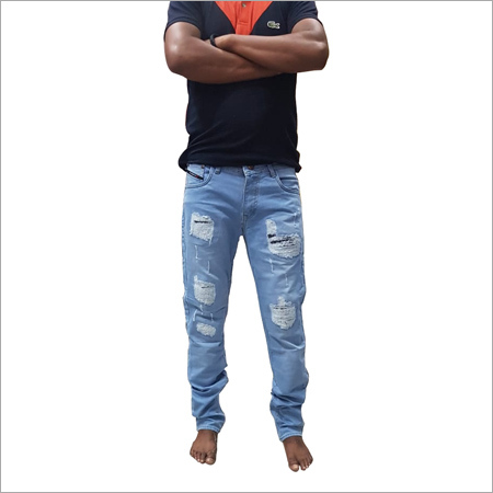 Mens Ripped Jeans - Cotton Slim Fit, Light Wash Blue with Zip Fly Closure