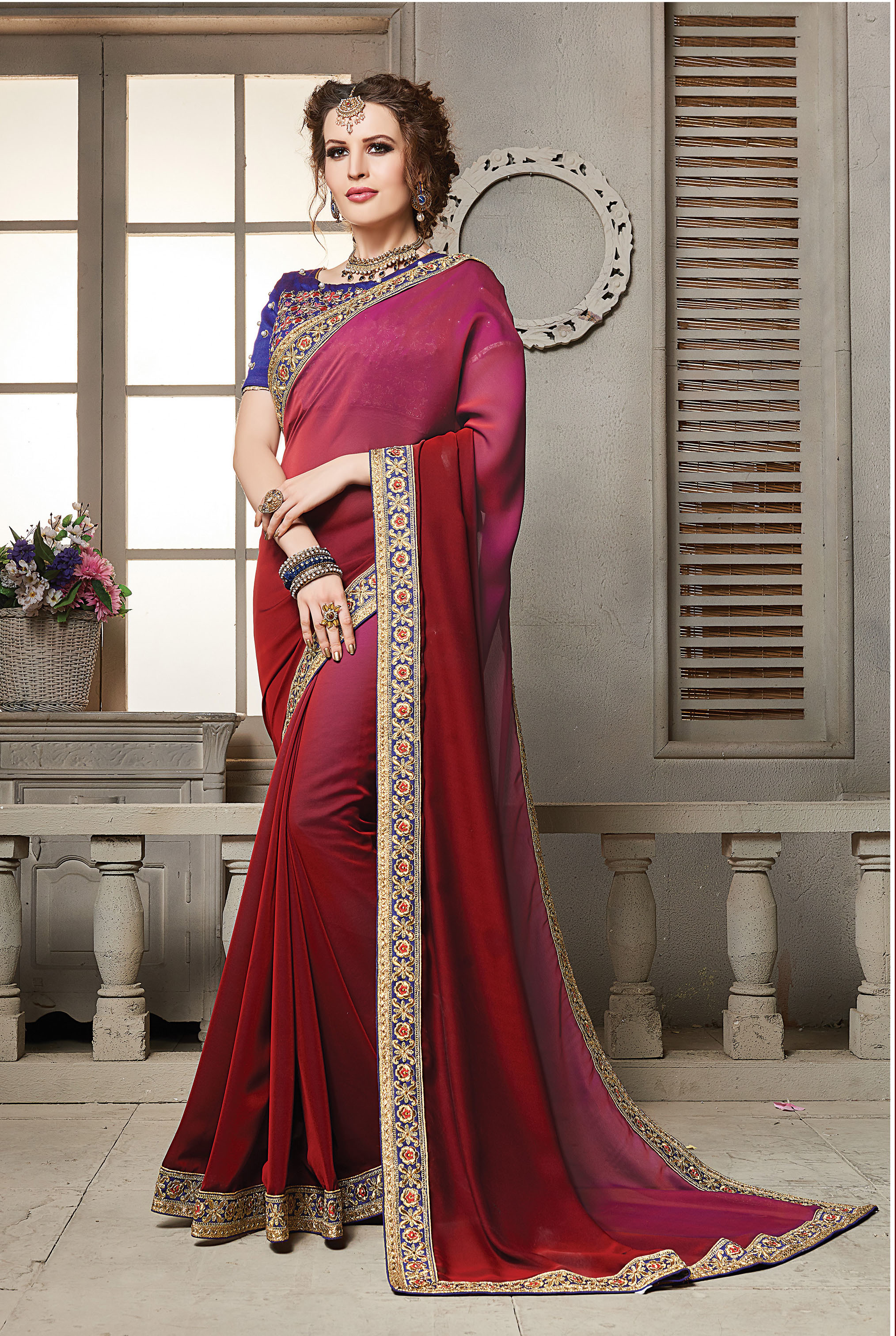 Designer Embroidered Saree - Two Tone Silk/georgette, Heavy Embroidery With Exclusive Pearls, Customized Size, Traditional Indian Ethnic Wear