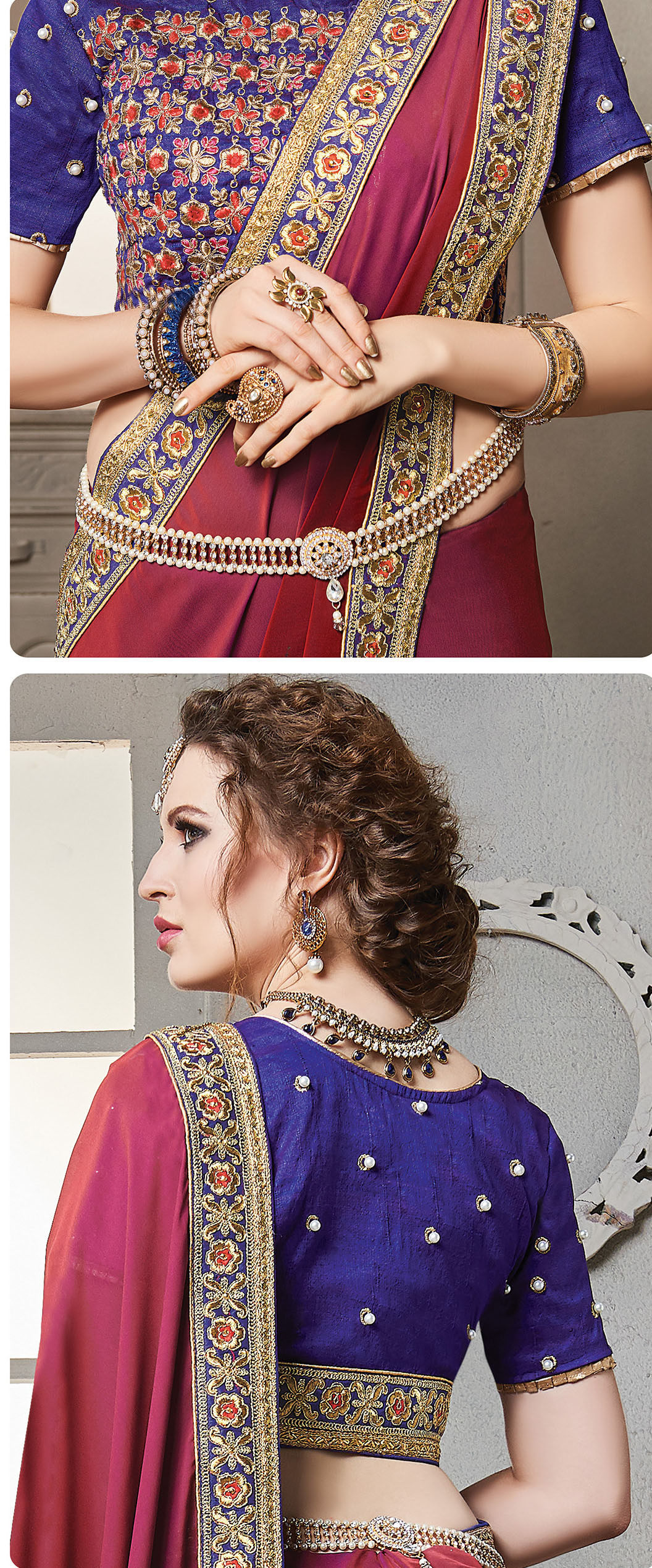 Designer Embroidered Saree - Two Tone Silk/georgette, Heavy Embroidery With Exclusive Pearls, Customized Size, Traditional Indian Ethnic Wear