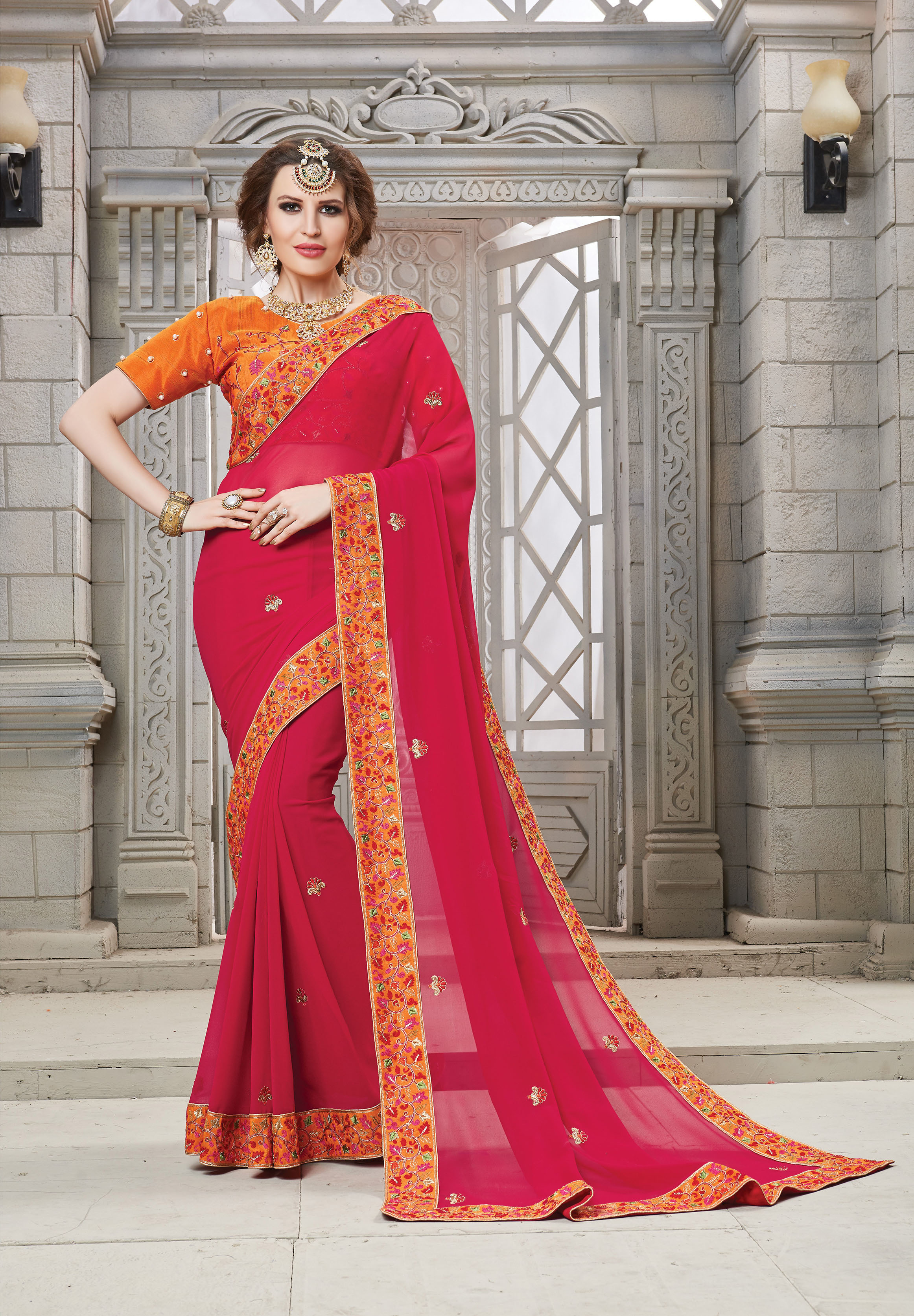 Designer Embroidered Saree - Two Tone Silk/georgette, Heavy Embroidery With Exclusive Pearls, Customized Size, Traditional Indian Ethnic Wear