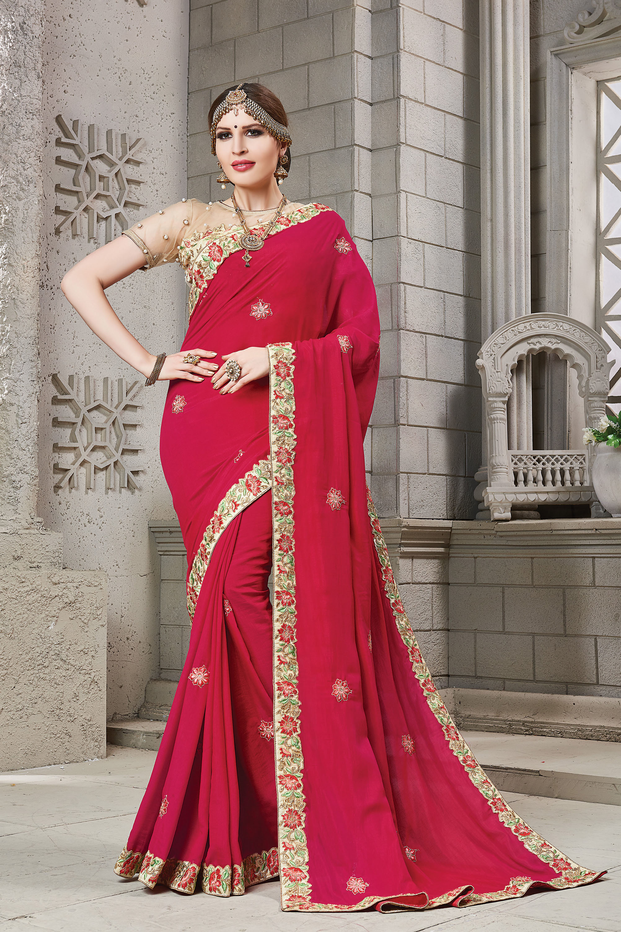 Designer Saree - Two Tone Silk/georgette With Heavy Embroidery | All-season Embellished Party Wear With Exclusive Pearl Details