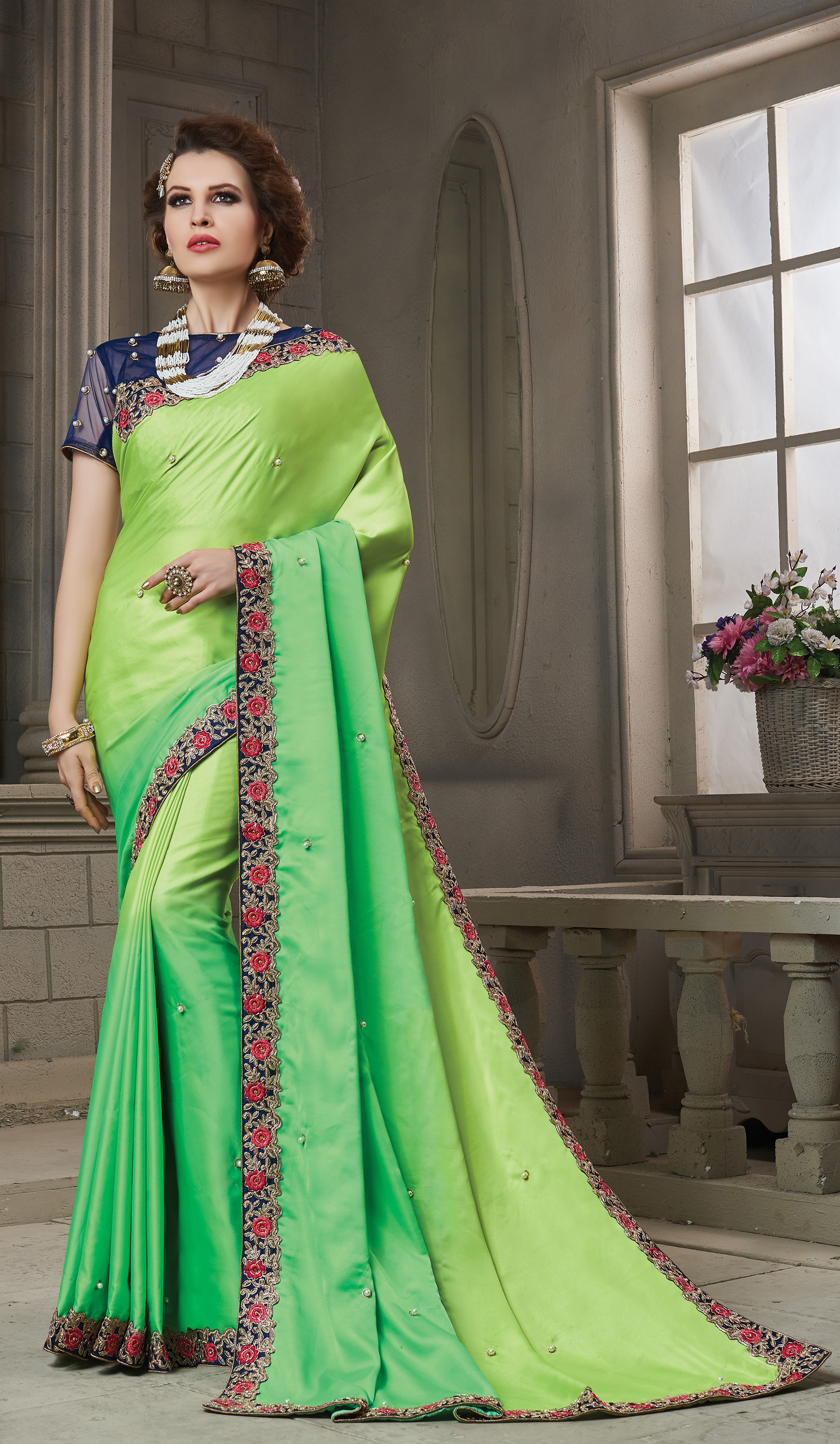 Designer Saree - Two Tone Silk/georgette With Heavy Embroidery | All-season Embellished Party Wear With Exclusive Pearl Details