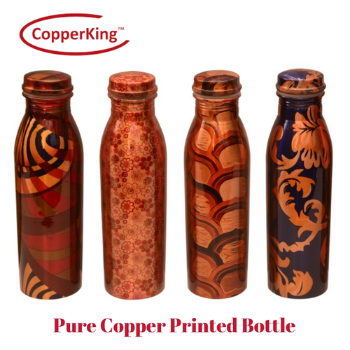 Printed Copper Bottle (Milk Bottle Shape) - 1000ml Round Pure Copper, Multicolor Design, 23 Gauge Thickness, Copper Warranty