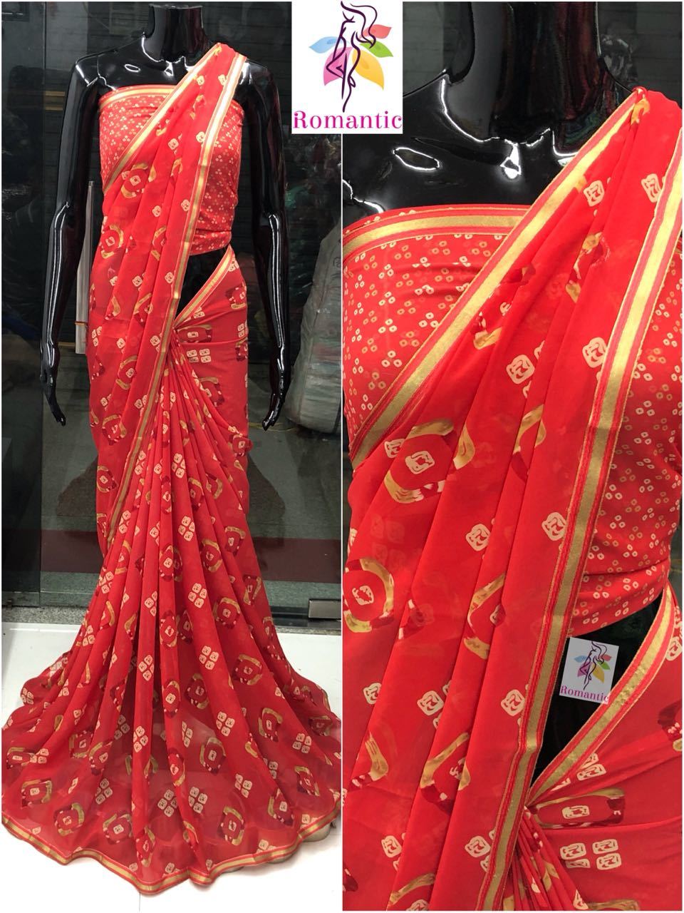 Ladies Designer Bandhani Saree - Georgette, Red Color | Elegant Pattern, Lightweight For Comfortable Wear, Perfect For Parties