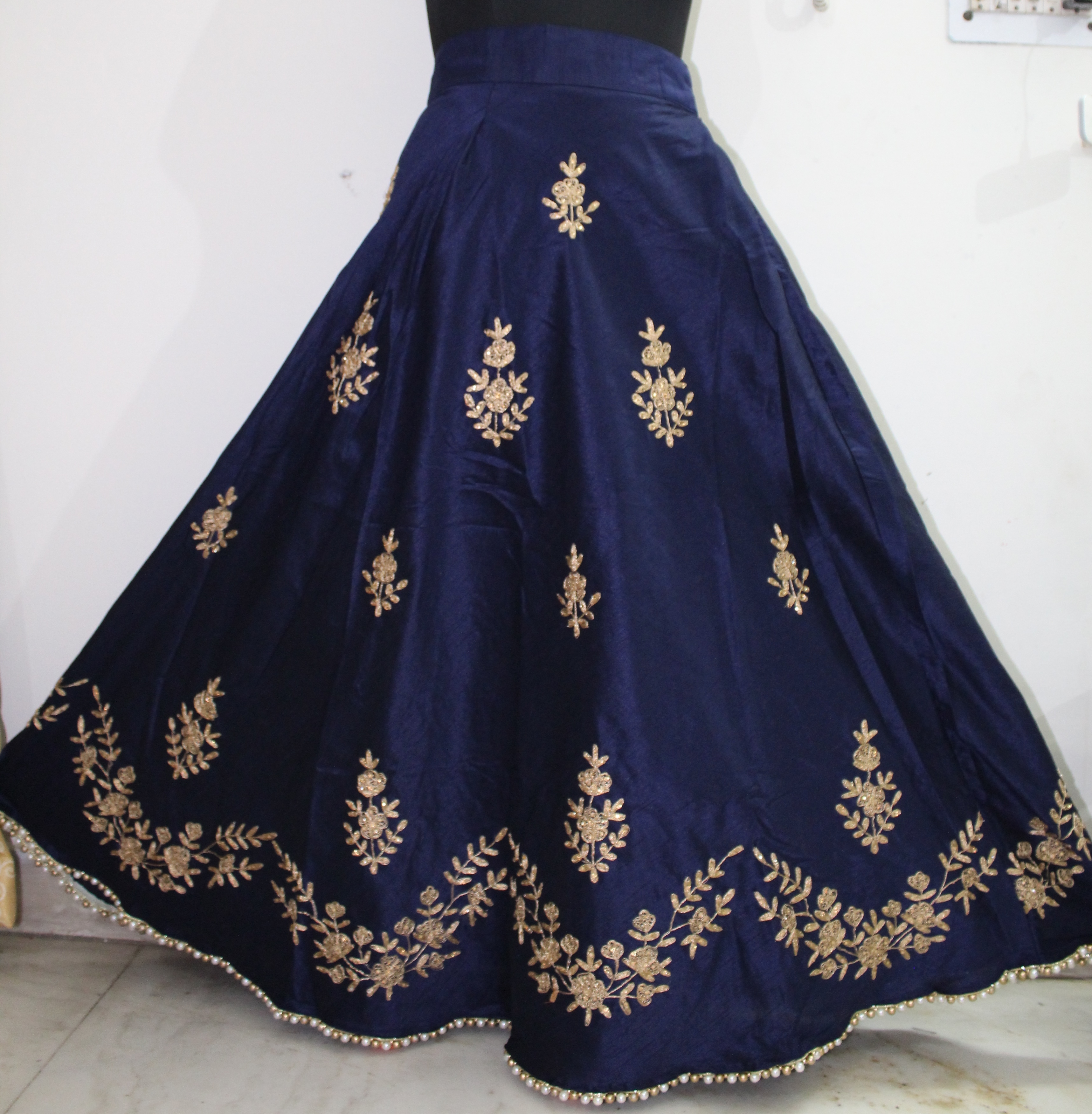 Designer Embroidered Skirts - Silk, 43 Inch Length, 32-44 Inch Waist | Moti Lace Trim, Floral Embroidery, Elastic Back, Zipper Side Closure