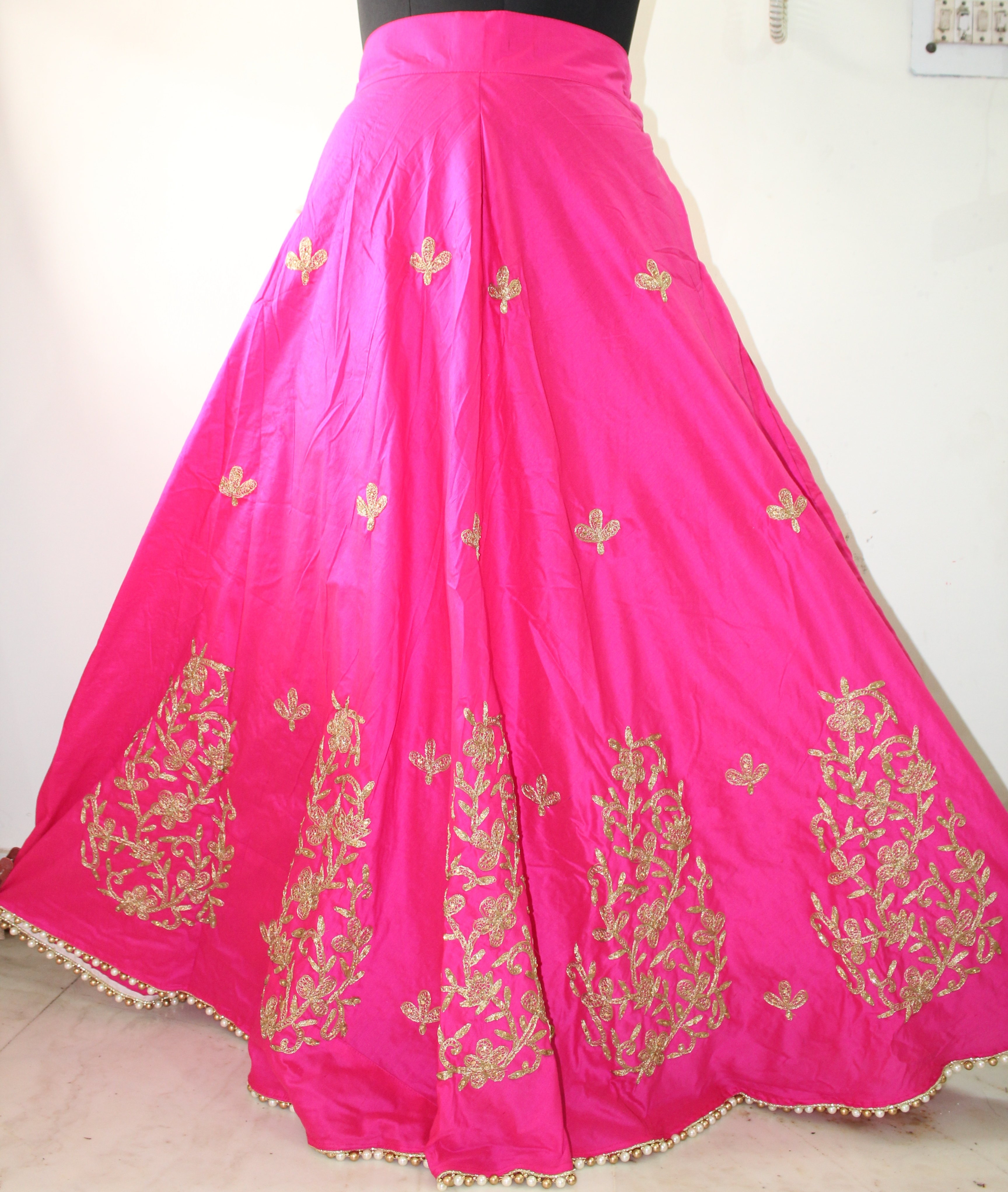 Designer Embroidered Skirts - Silk, 43 Inch Length, 32-44 Inch Waist | Moti Lace Trim, Floral Embroidery, Elastic Back, Zipper Side Closure